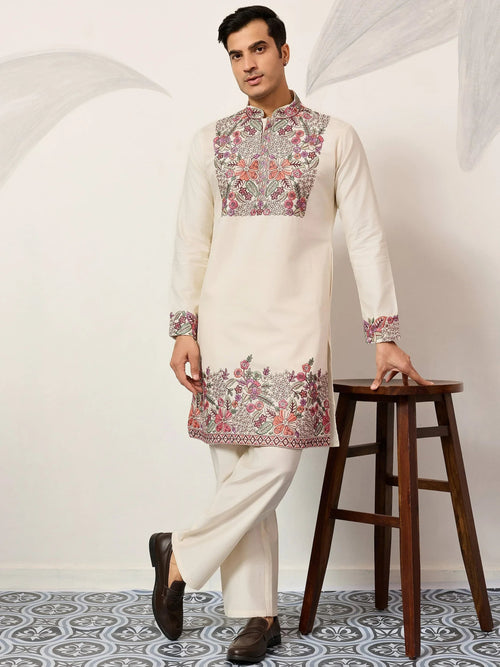 Attractive Off-White Embroidered Silk Wedding Wear Men’s Kurta Set