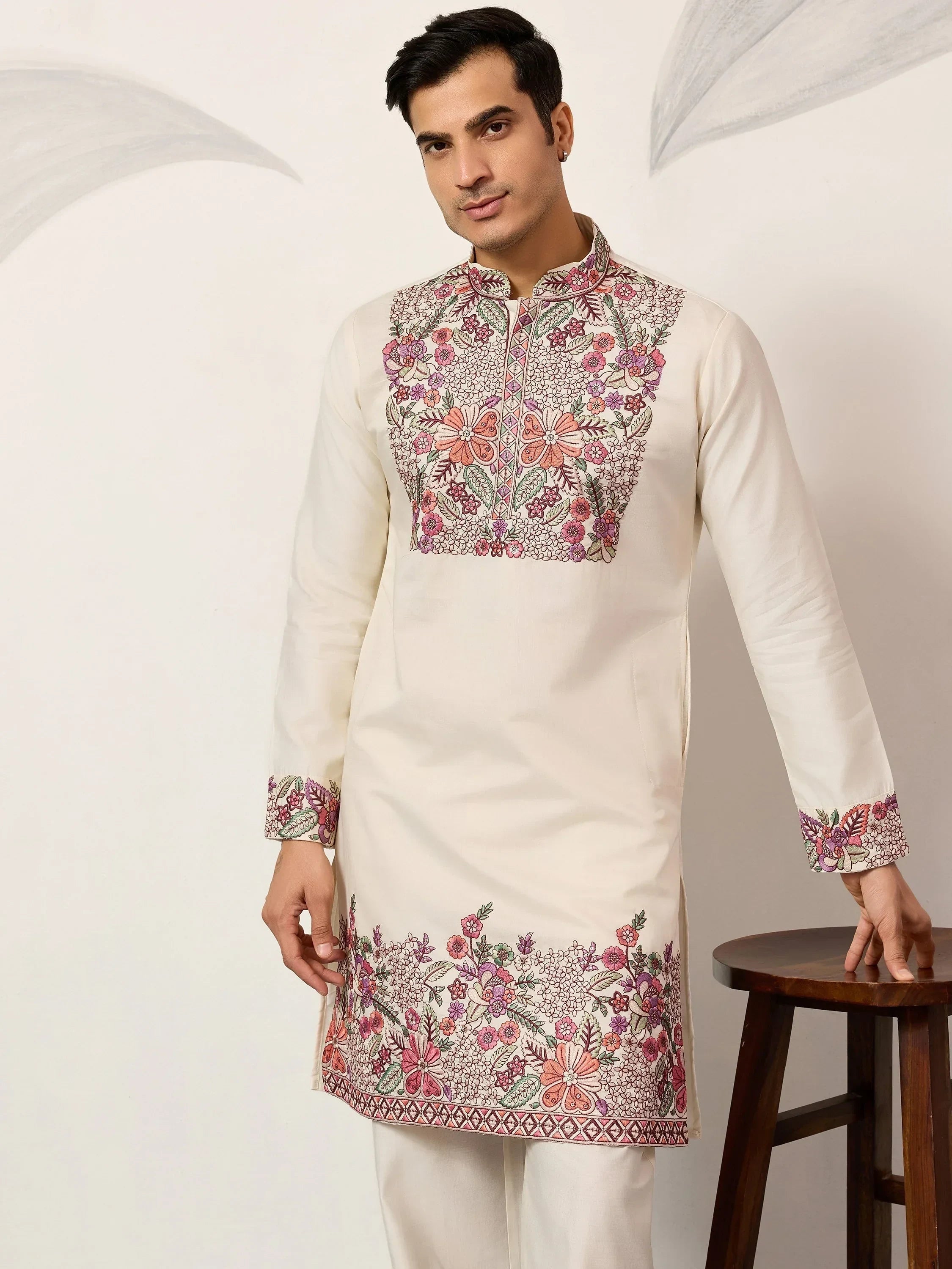 Attractive Off-White Embroidered Silk Wedding Wear Men’s Kurta Set