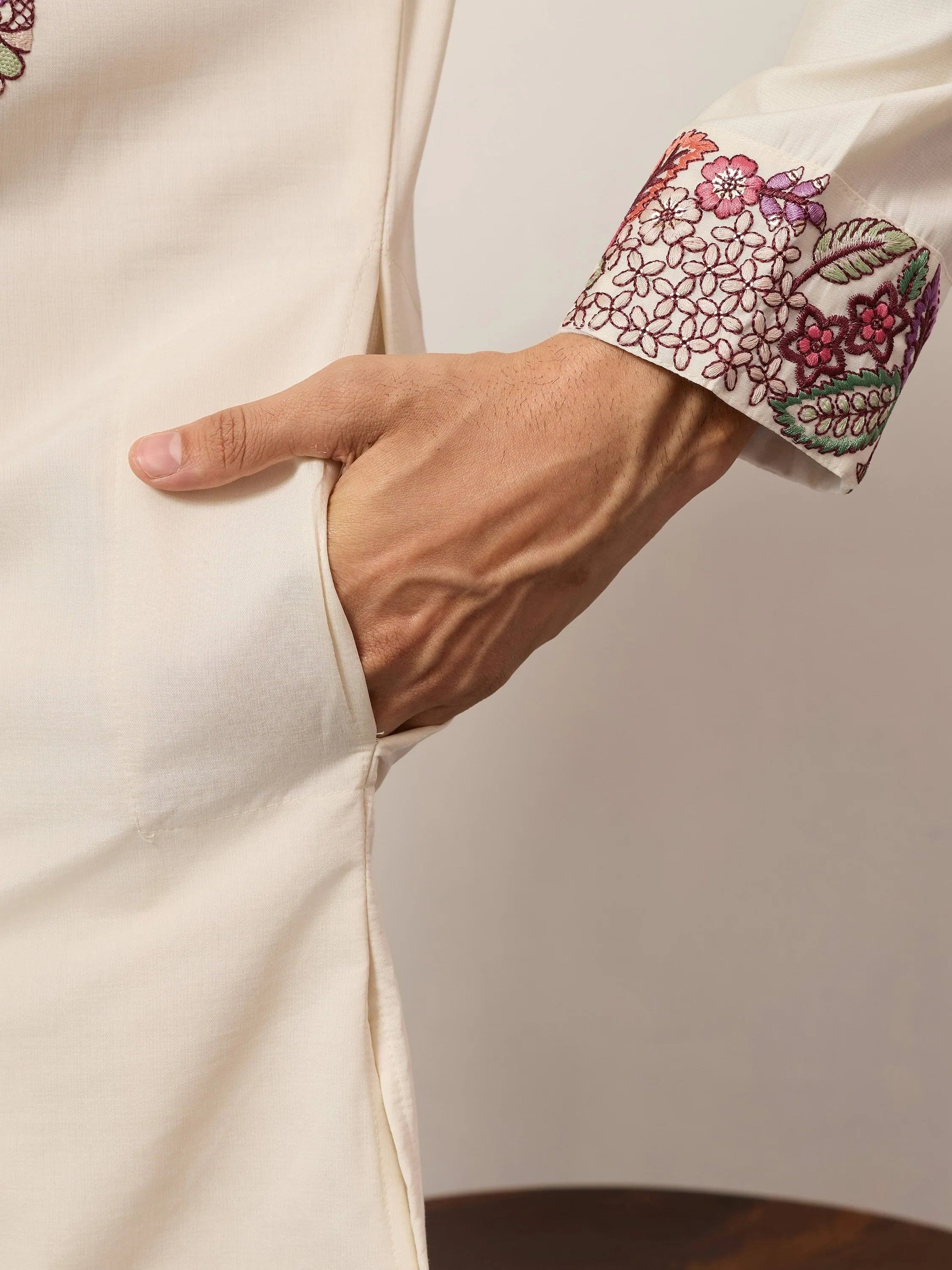 Attractive Off-White Embroidered Silk Wedding Wear Men’s Kurta Set