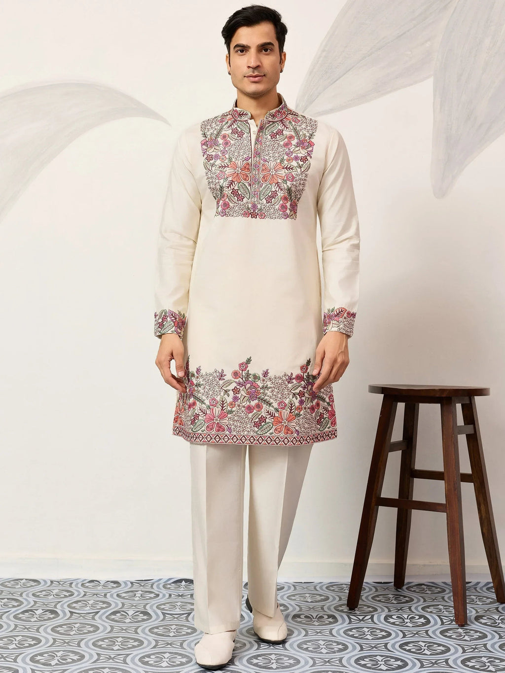 Attractive Off-White Embroidered Silk Wedding Wear Men’s Kurta Set
