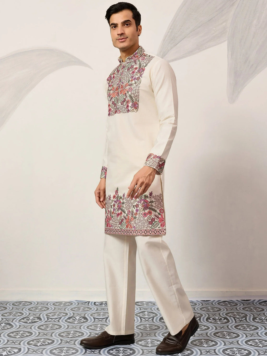 Attractive Off-White Embroidered Silk Wedding Wear Men’s Kurta Set