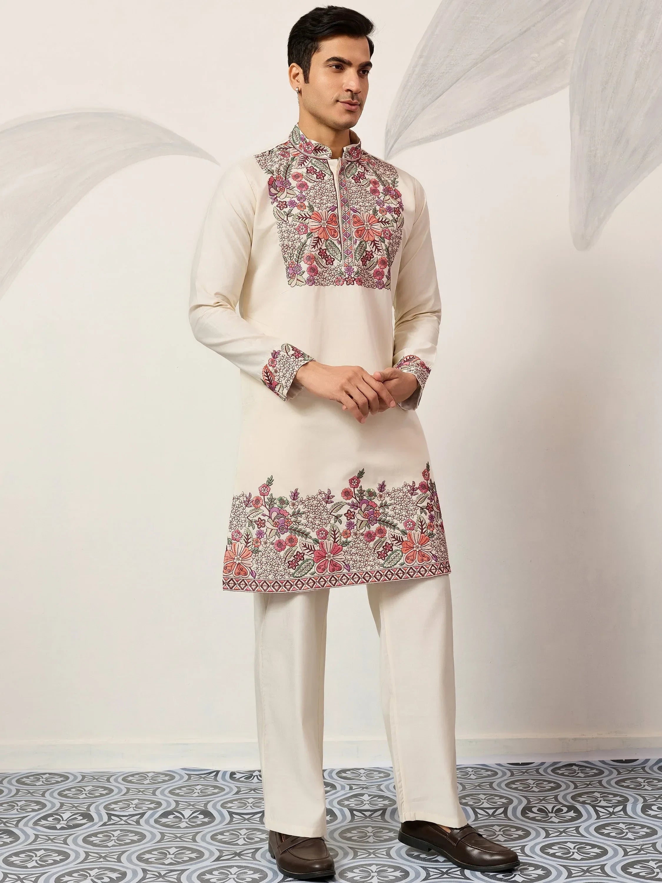 Attractive Off-White Embroidered Silk Wedding Wear Men’s Kurta Set