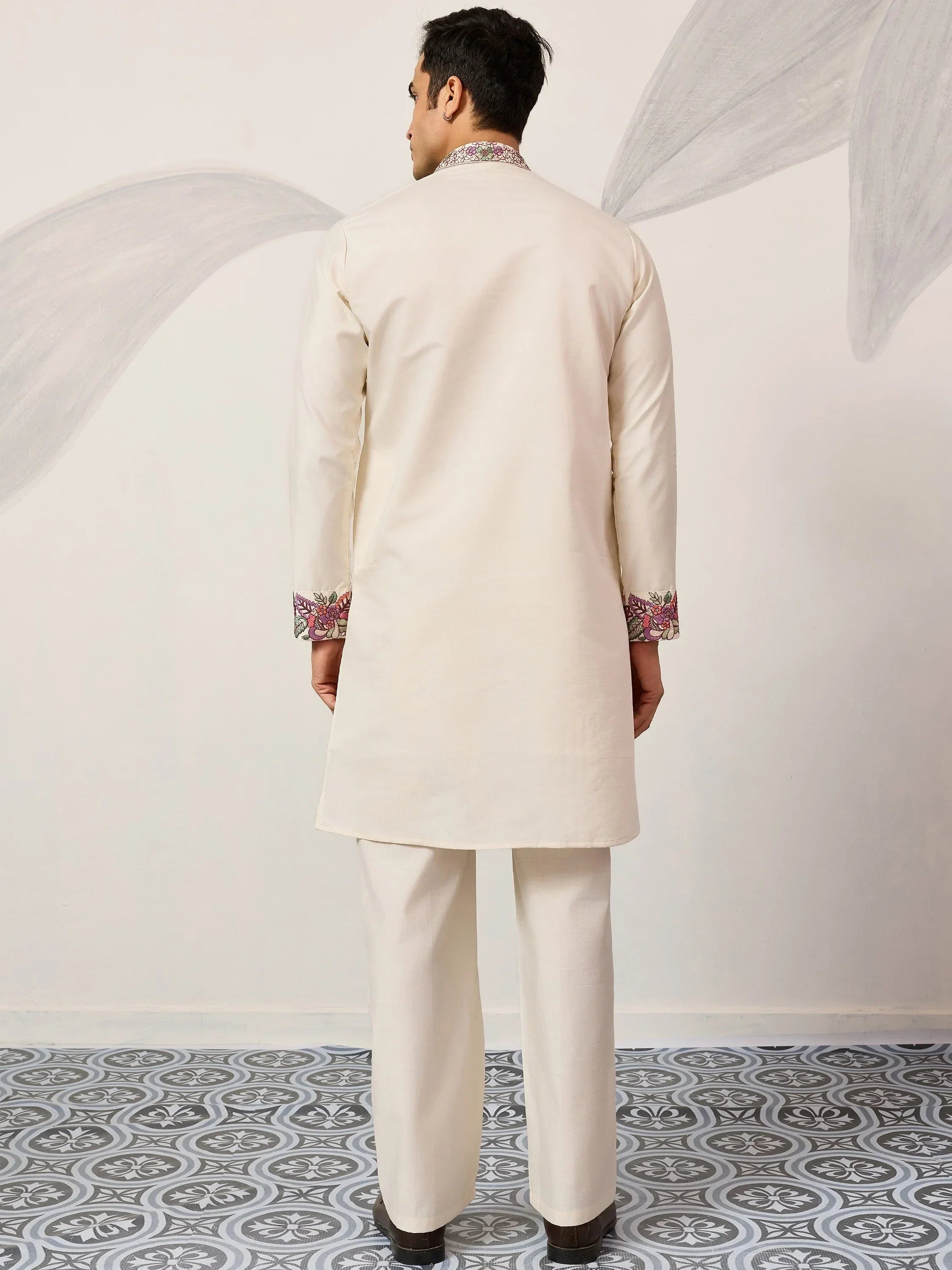 Attractive Off-White Embroidered Silk Wedding Wear Men’s Kurta Set