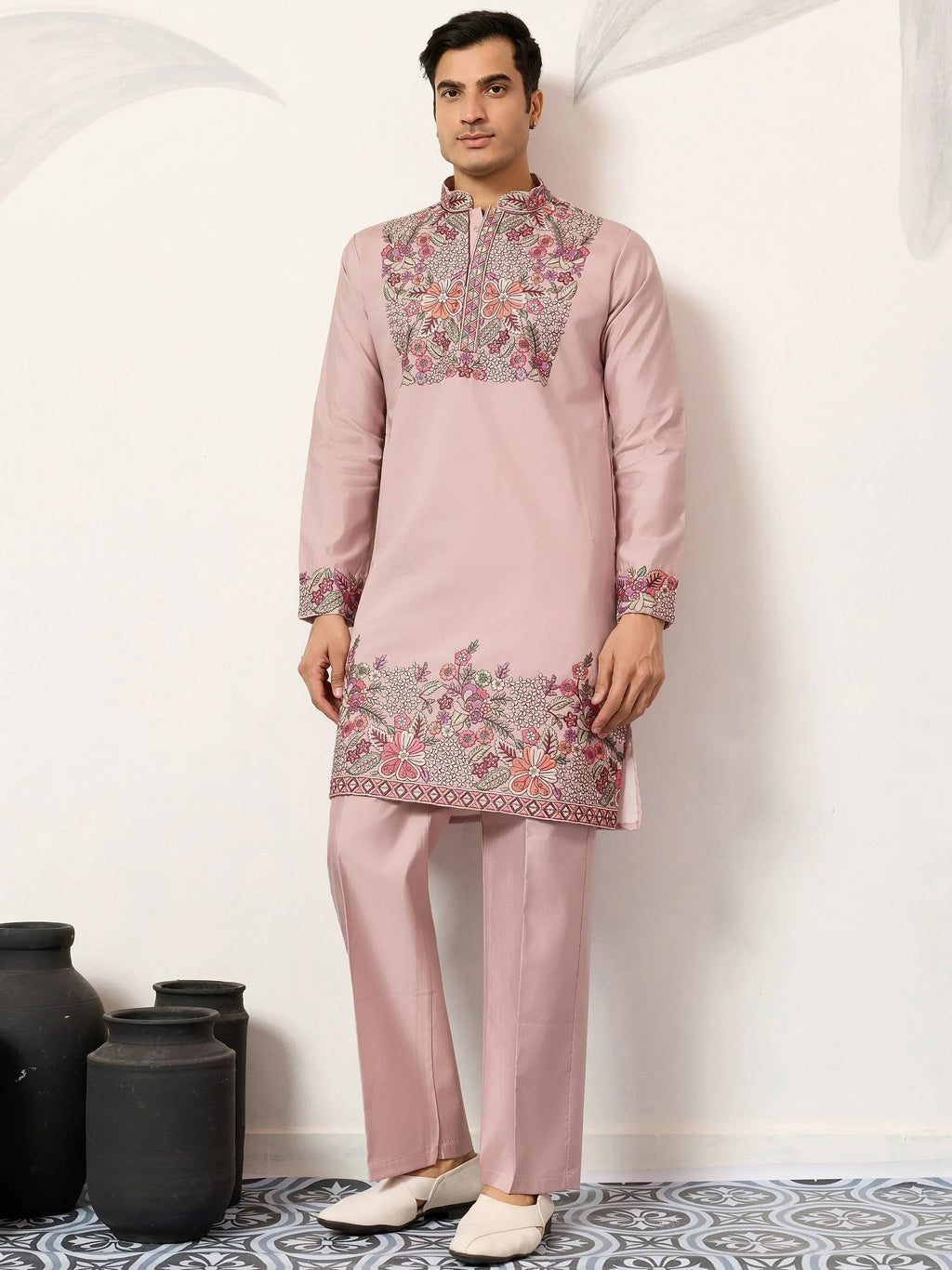 Awesome Pink Embroidered Silk Function Wear Men’s Kurta Set