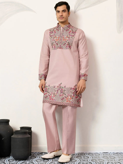 Awesome Pink Embroidered Silk Function Wear Men’s Kurta Set