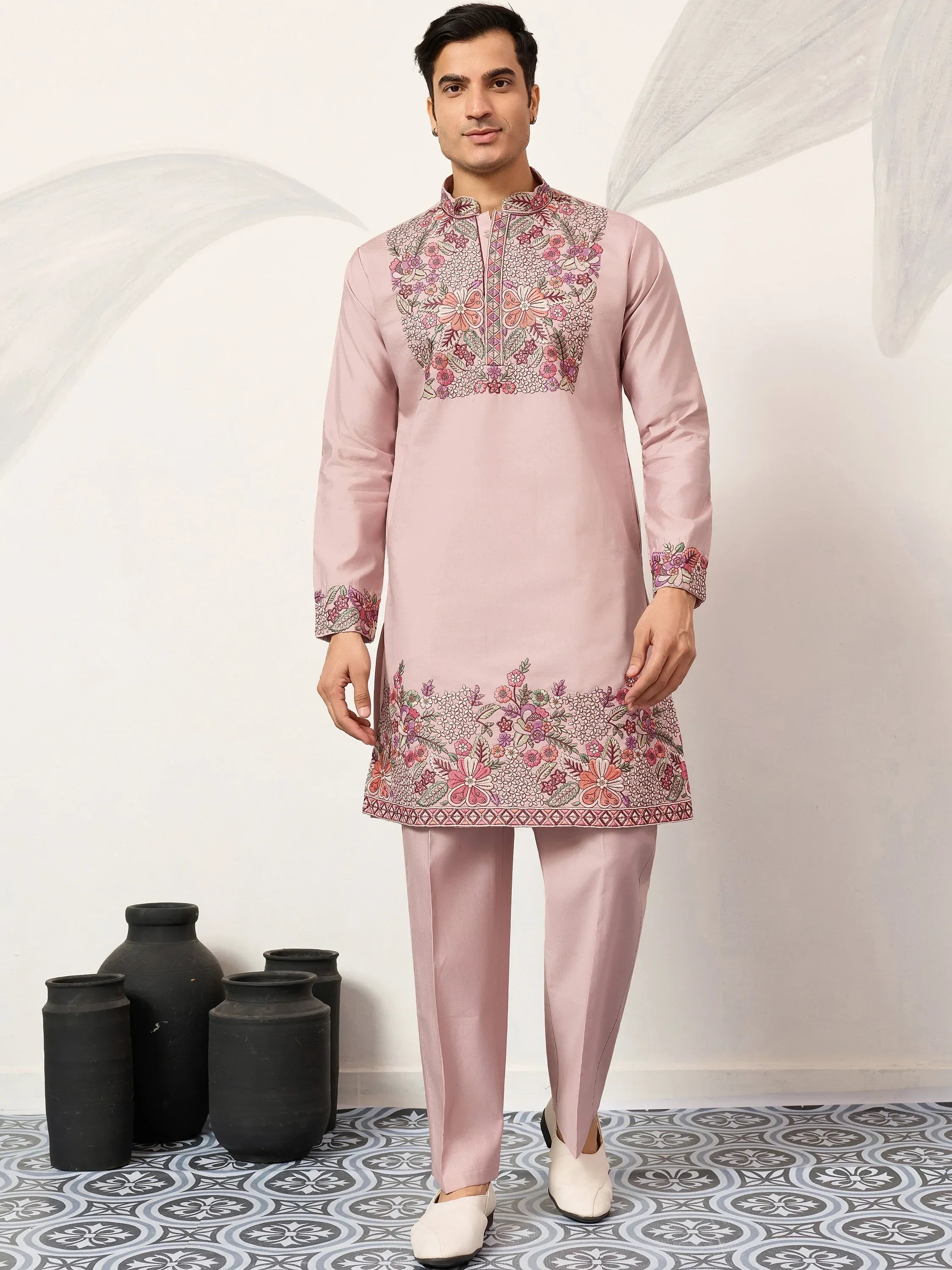 Awesome Pink Embroidered Silk Function Wear Men’s Kurta Set