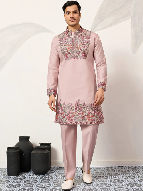 Awesome Pink Embroidered Silk Function Wear Men’s Kurta Set