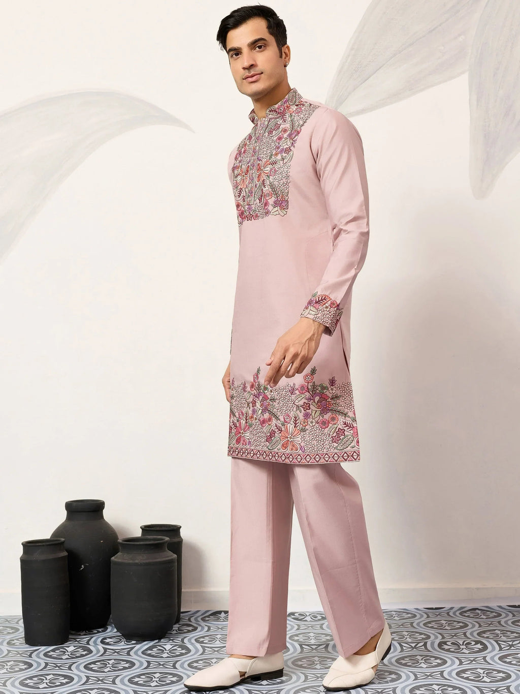 Awesome Pink Embroidered Silk Function Wear Men’s Kurta Set