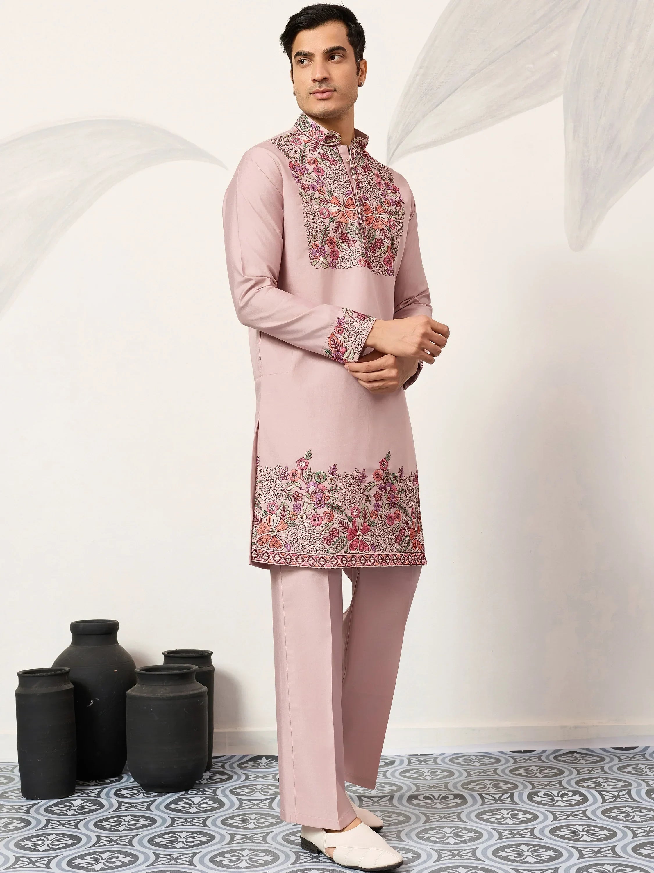 Awesome Pink Embroidered Silk Function Wear Men’s Kurta Set