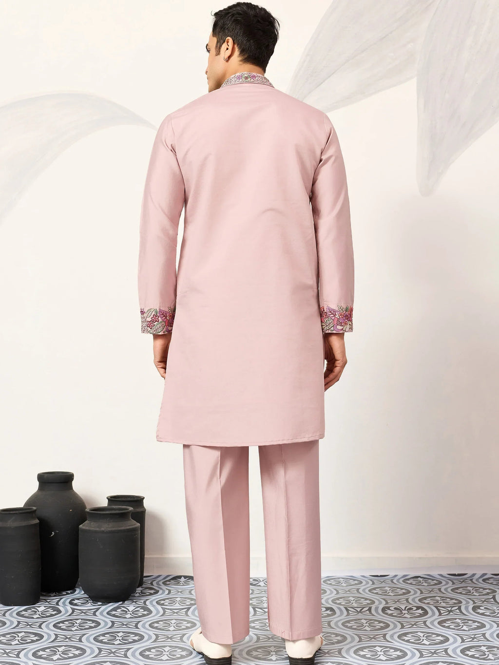 Awesome Pink Embroidered Silk Function Wear Men’s Kurta Set