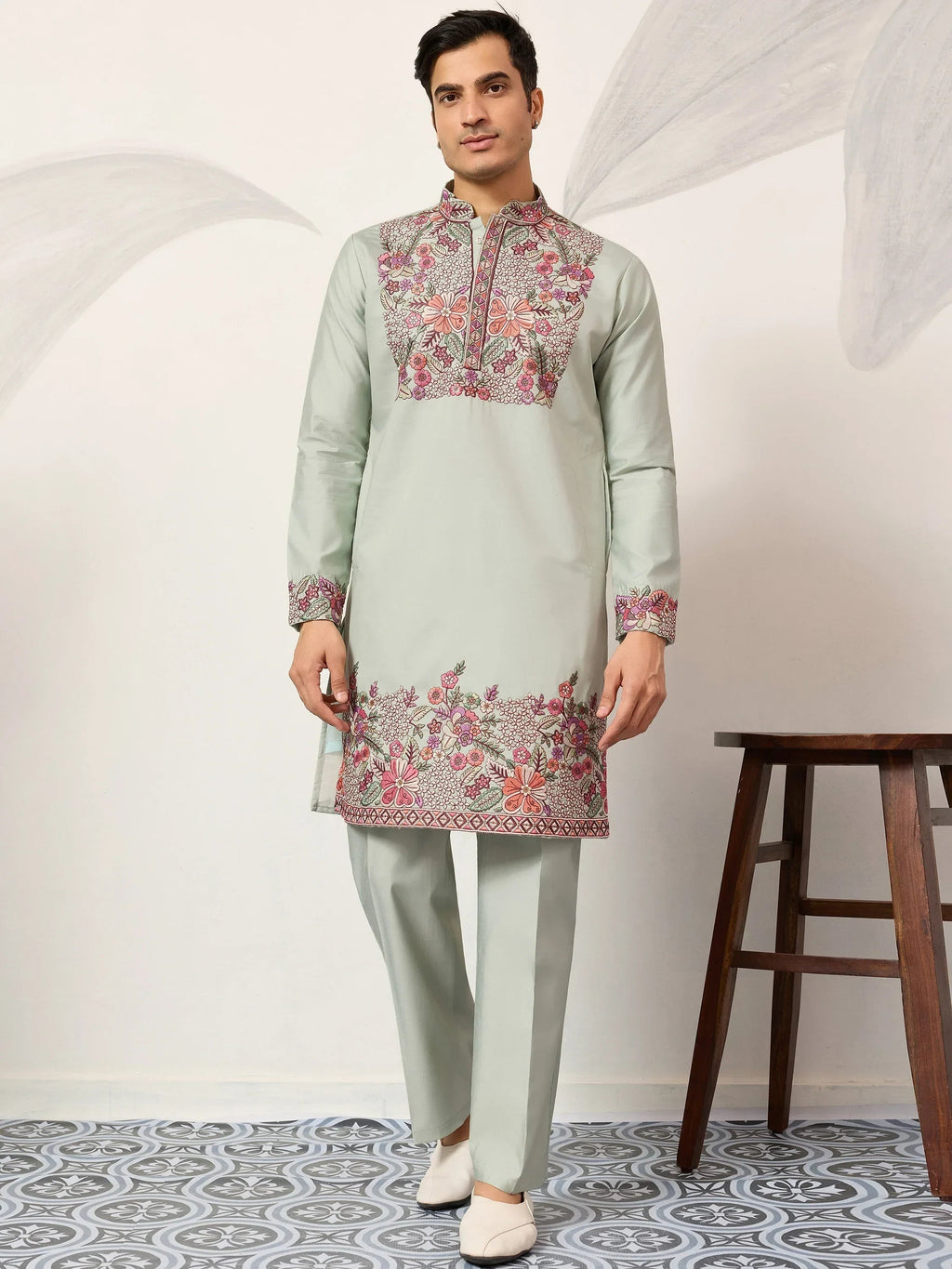 Glamorous Green Embroidered Silk Festival Wear Men’s Kurta Set