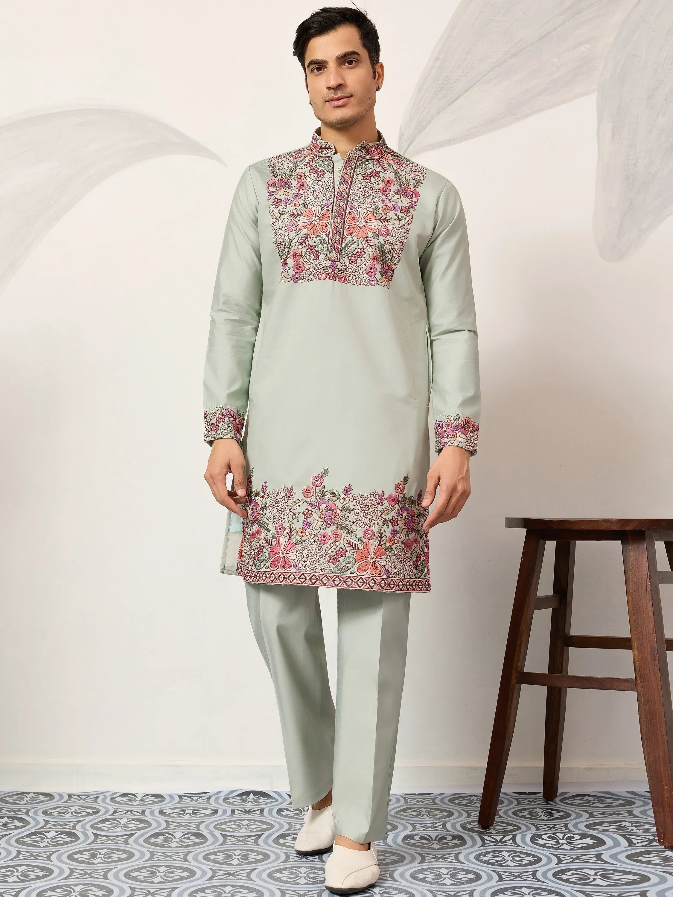 Glamorous Green Embroidered Silk Festival Wear Men’s Kurta Set