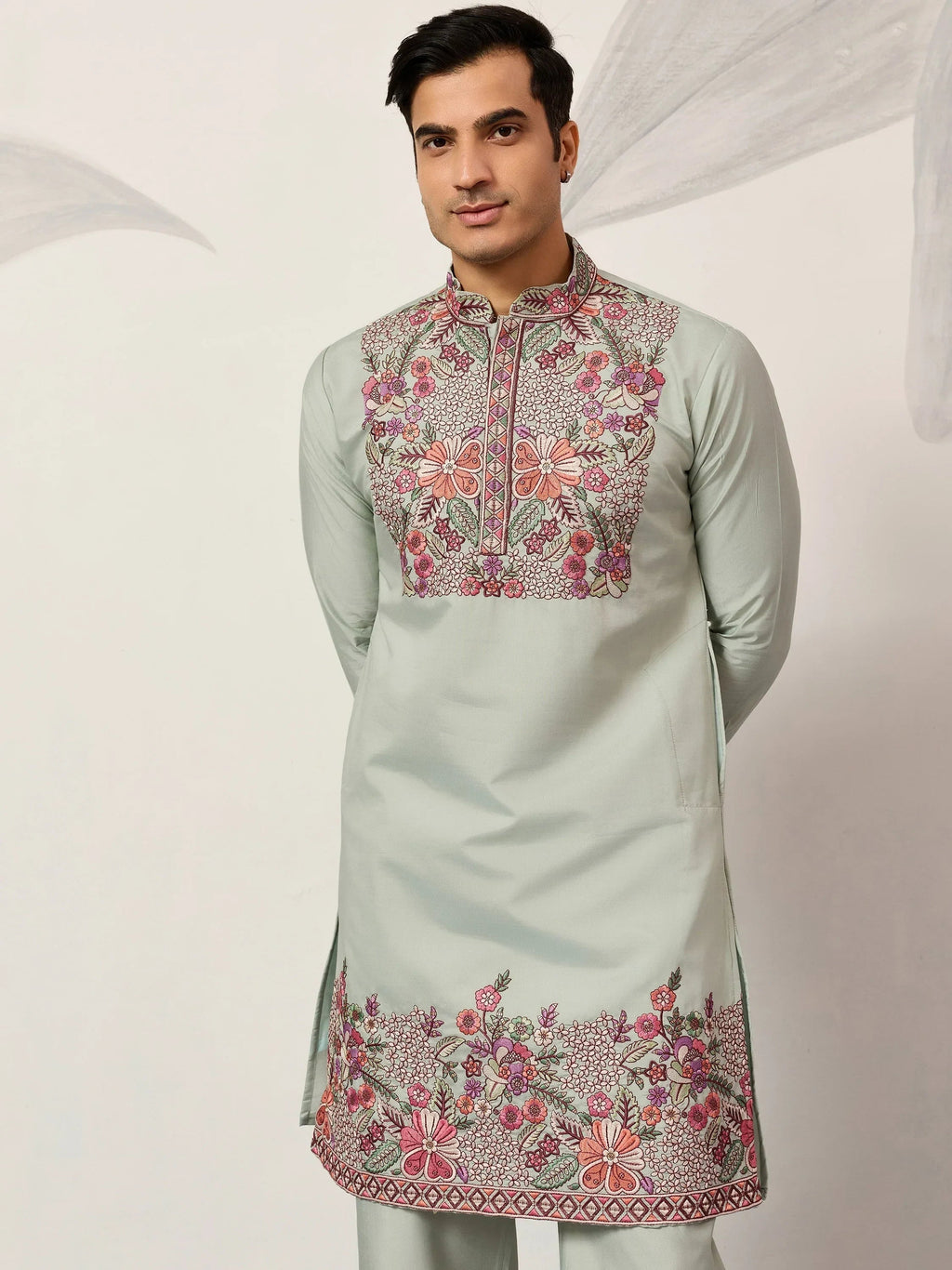 Glamorous Green Embroidered Silk Festival Wear Men’s Kurta Set