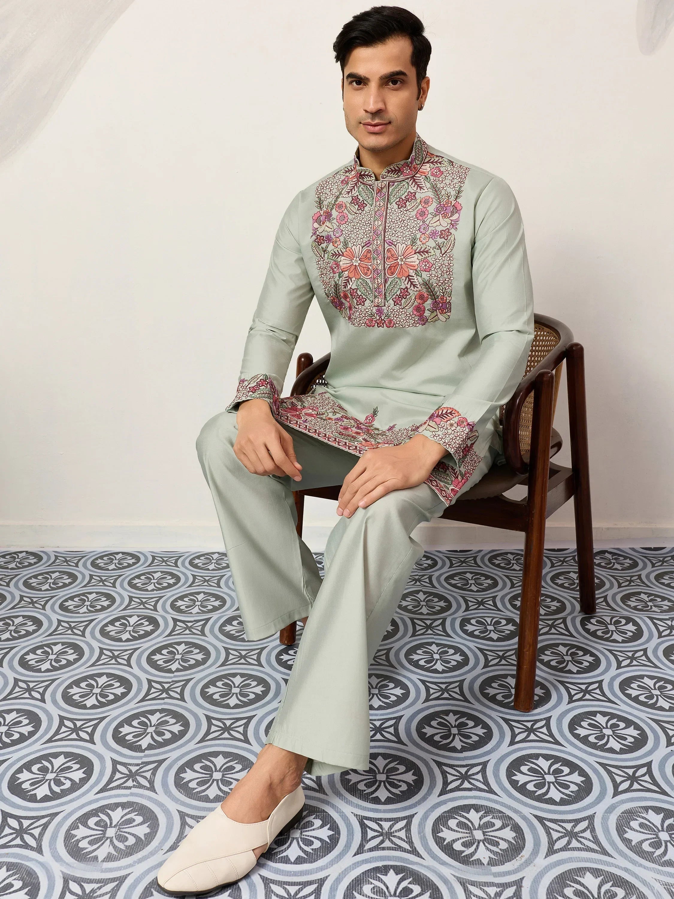 Glamorous Green Embroidered Silk Festival Wear Men’s Kurta Set