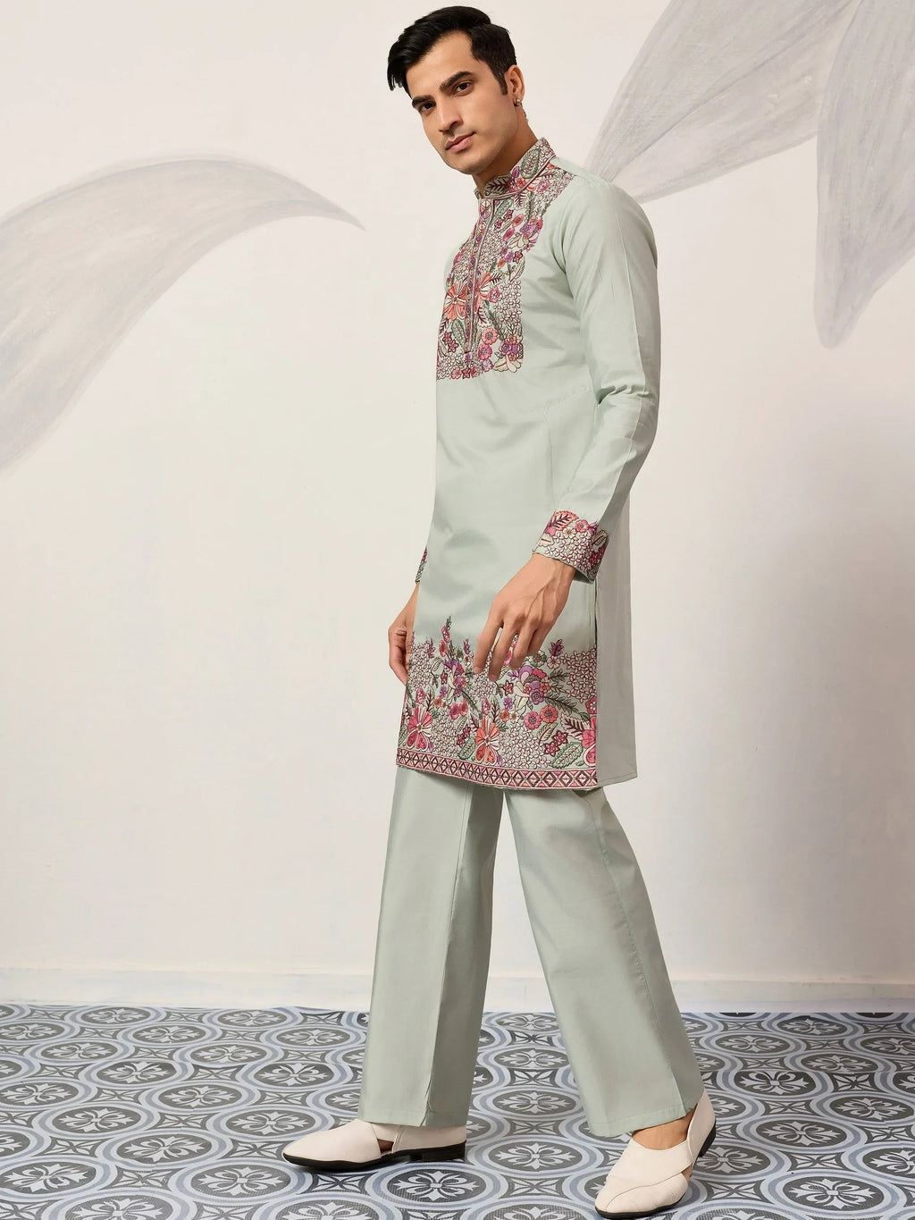 Glamorous Green Embroidered Silk Festival Wear Men’s Kurta Set