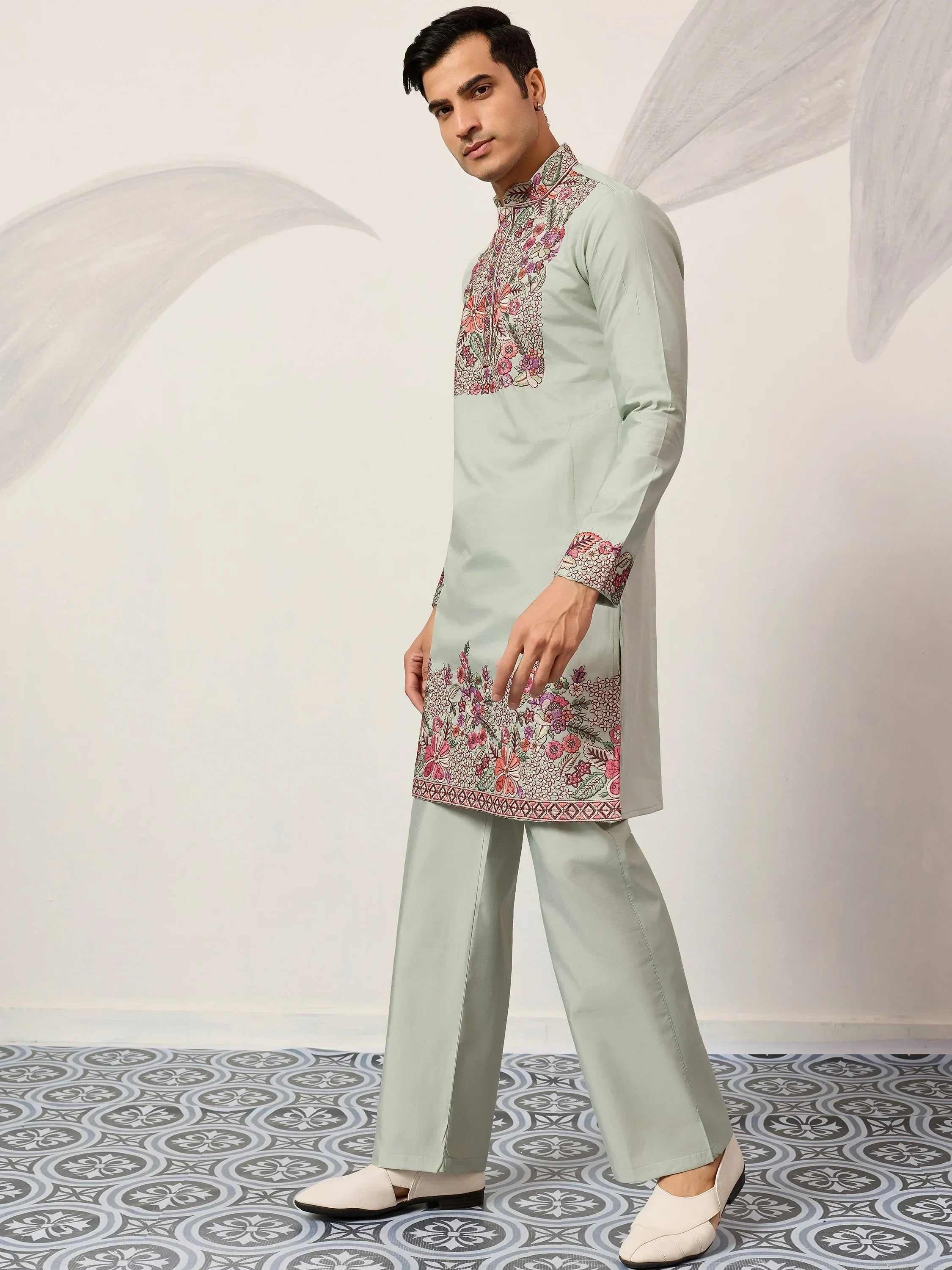Glamorous Green Embroidered Silk Festival Wear Men’s Kurta Set