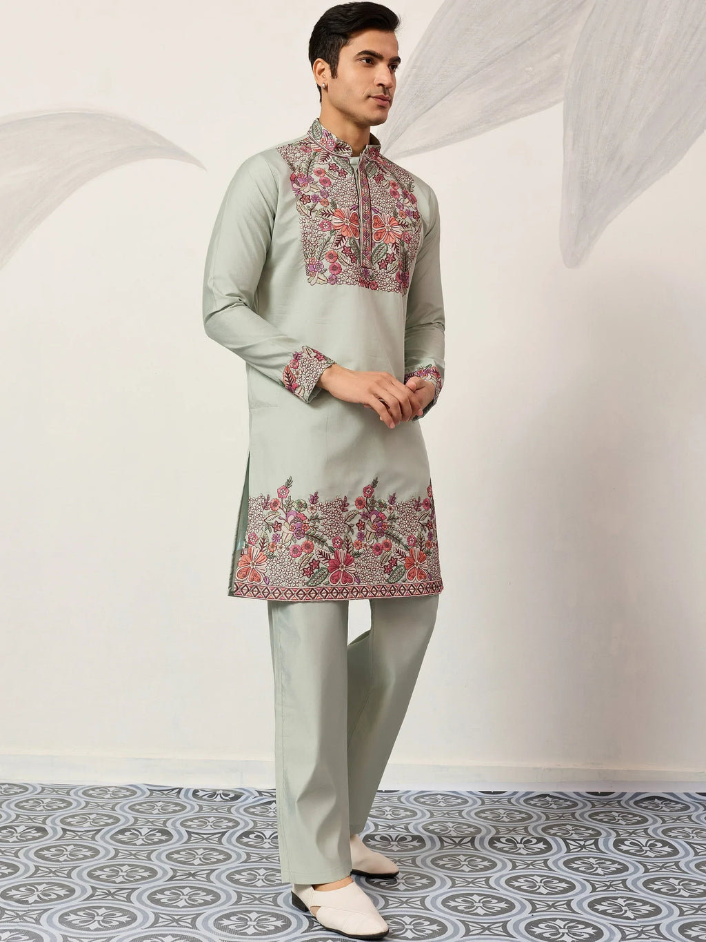 Glamorous Green Embroidered Silk Festival Wear Men’s Kurta Set