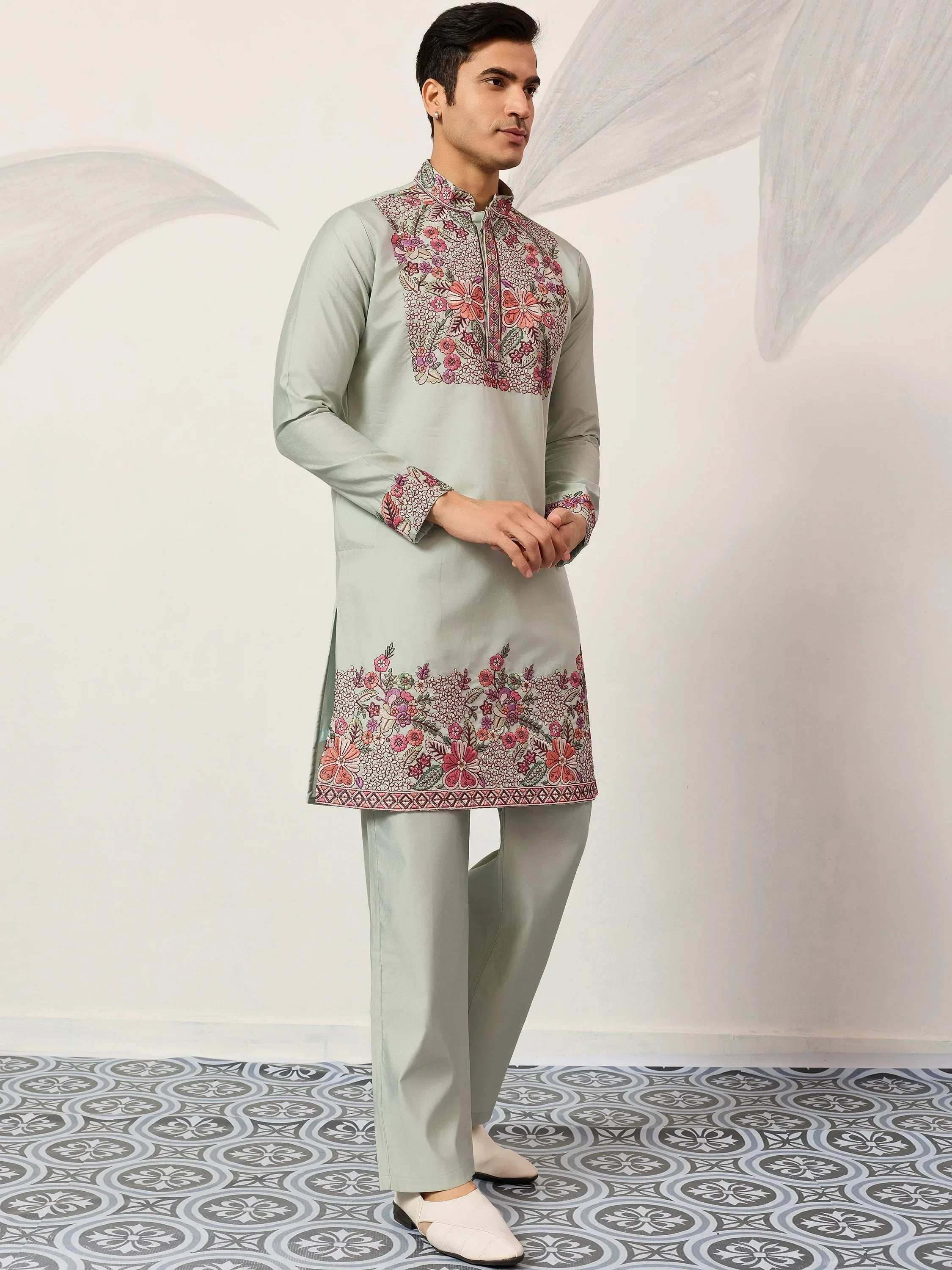 Glamorous Green Embroidered Silk Festival Wear Men’s Kurta Set