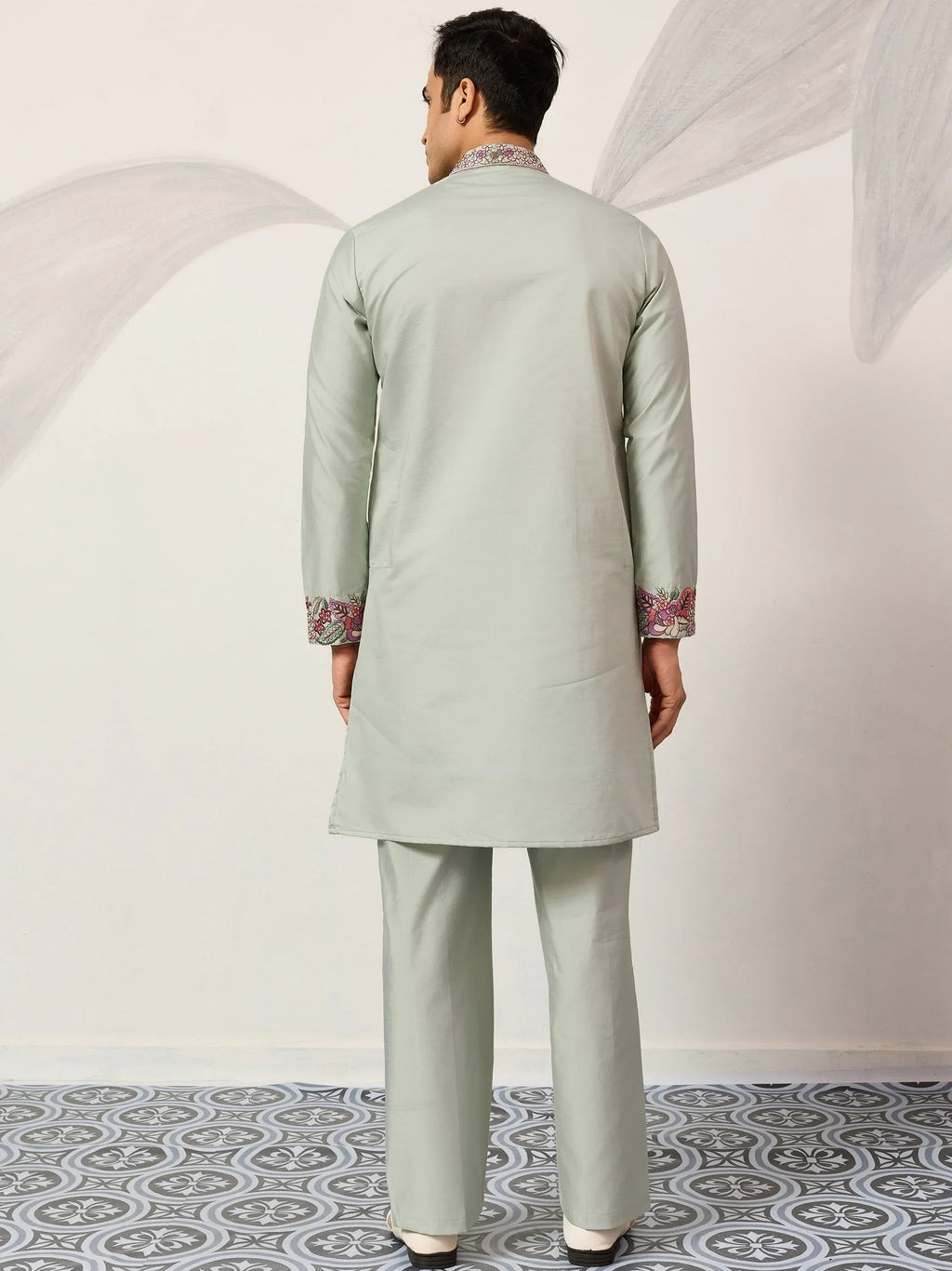 Glamorous Green Embroidered Silk Festival Wear Men’s Kurta Set
