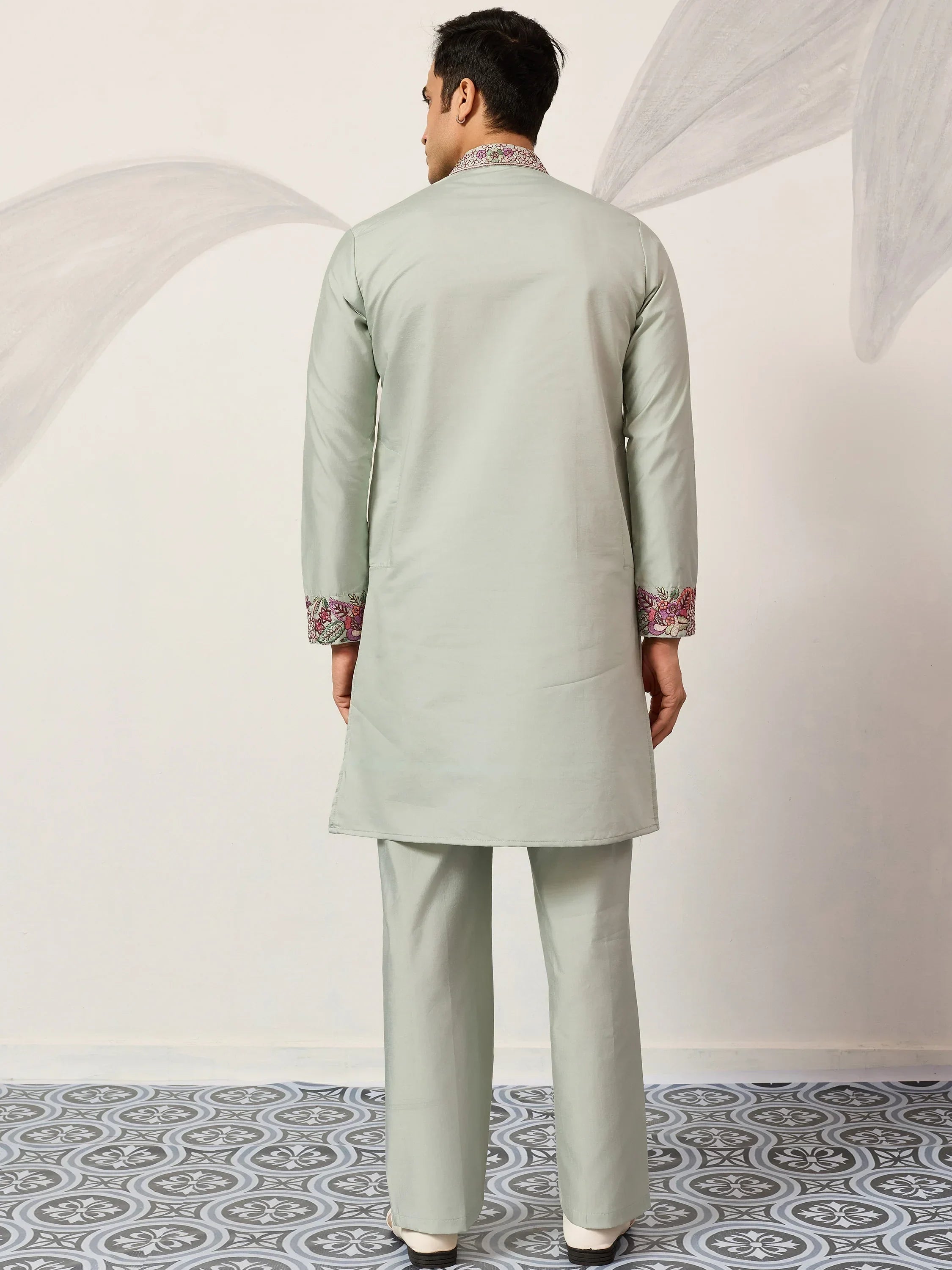 Glamorous Green Embroidered Silk Festival Wear Men’s Kurta Set