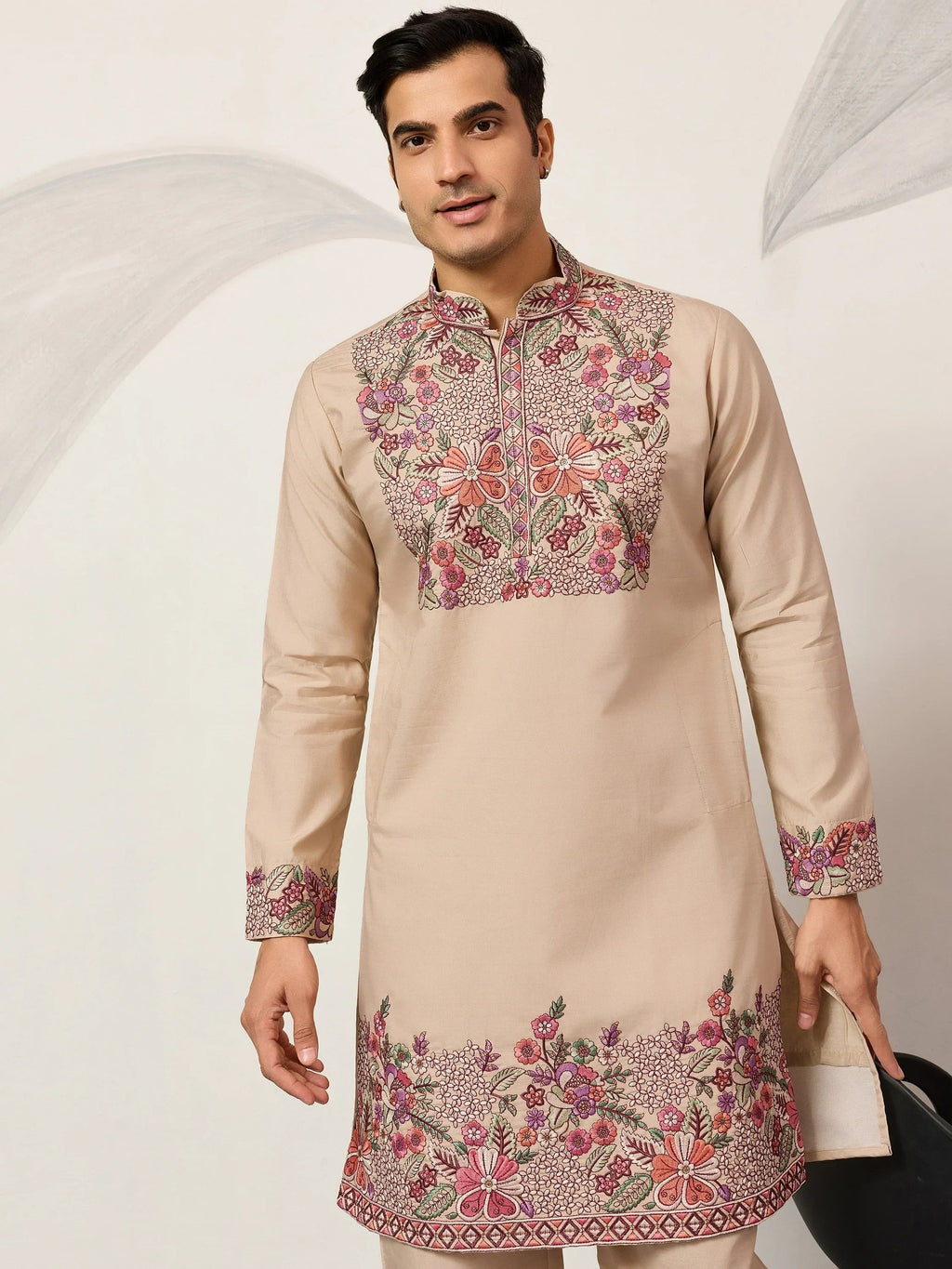 Captivating Beige Embroidered Silk Festival Wear Men’s Kurta Set