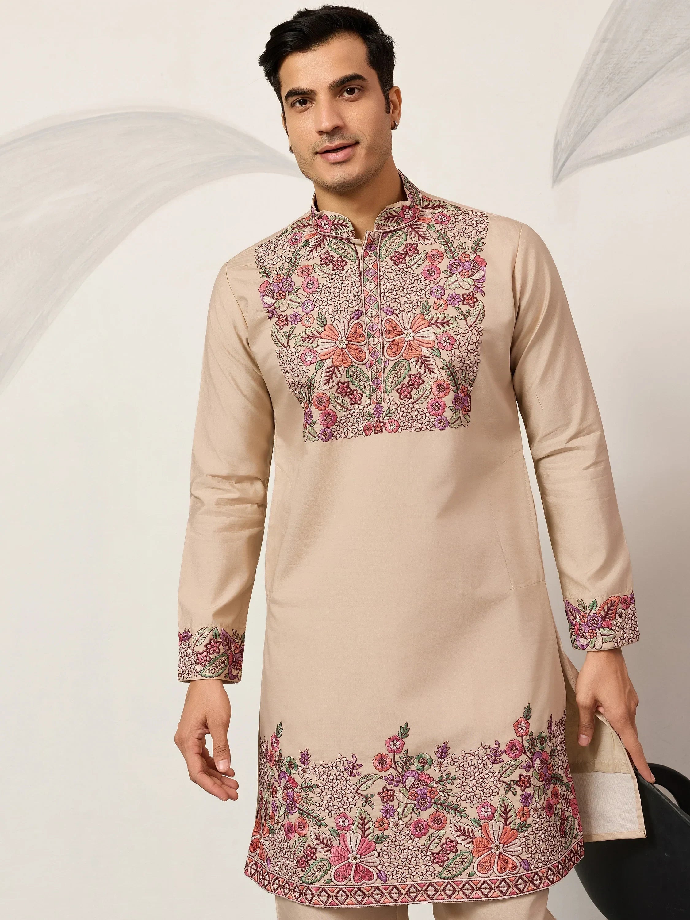 Captivating Beige Embroidered Silk Festival Wear Men’s Kurta Set