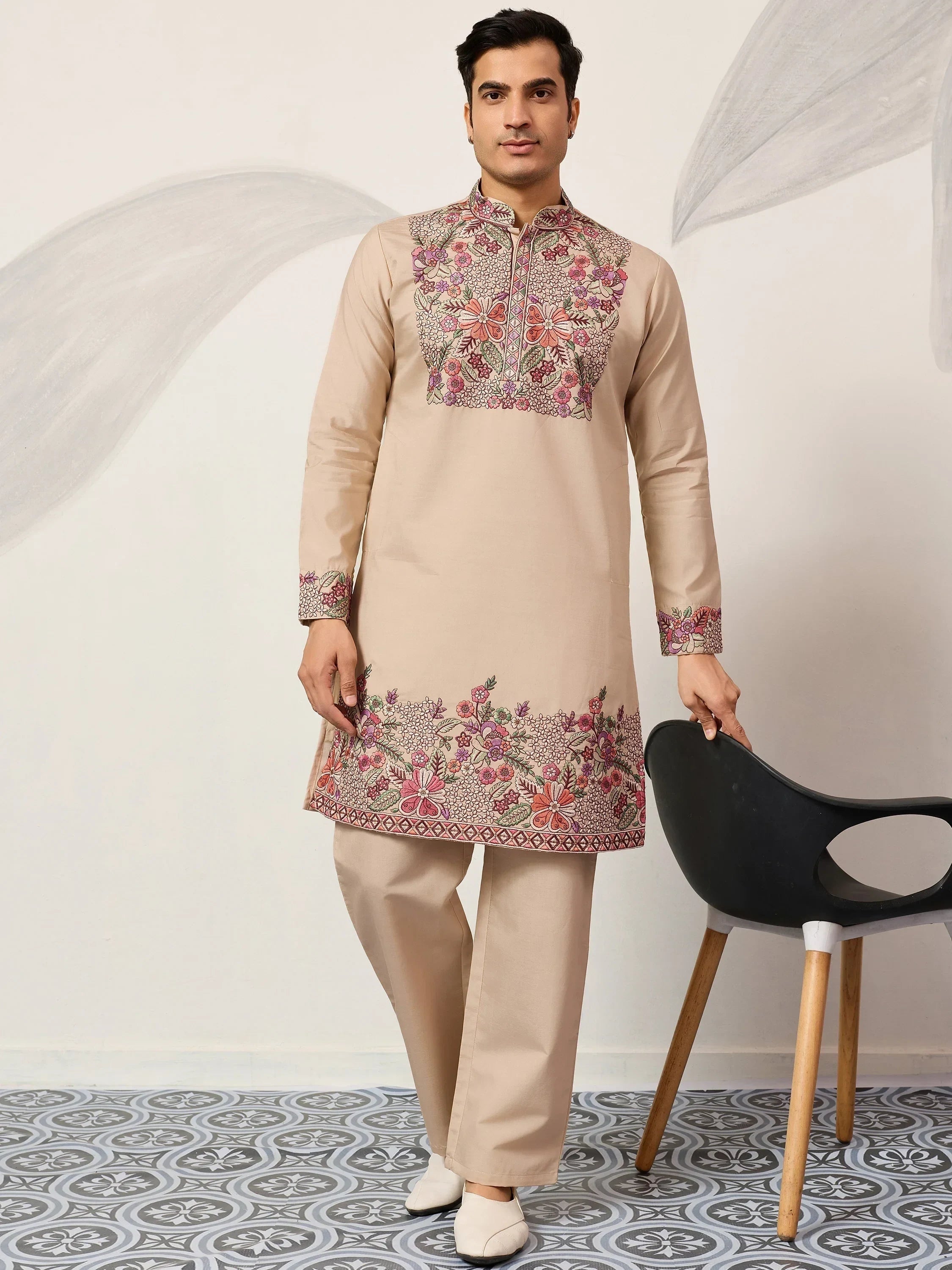 Captivating Beige Embroidered Silk Festival Wear Men’s Kurta Set