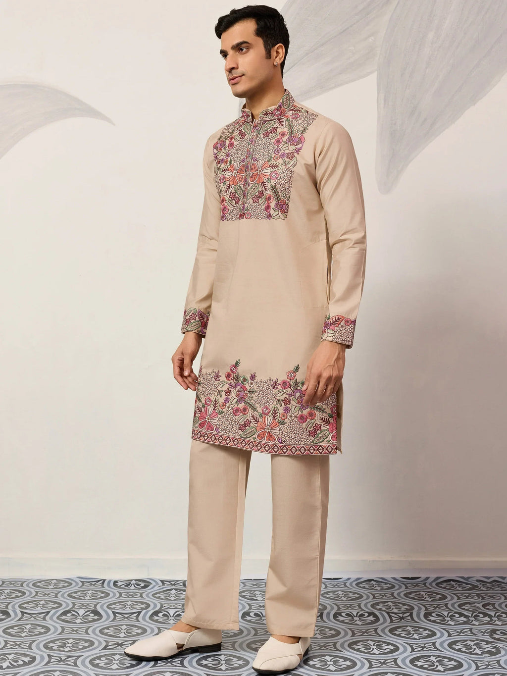 Captivating Beige Embroidered Silk Festival Wear Men’s Kurta Set