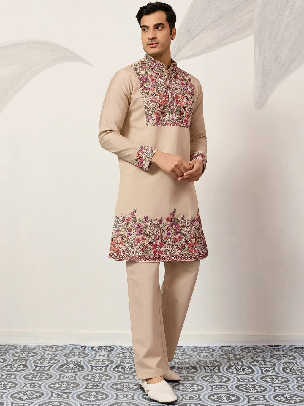 Captivating Beige Embroidered Silk Festival Wear Men’s Kurta Set