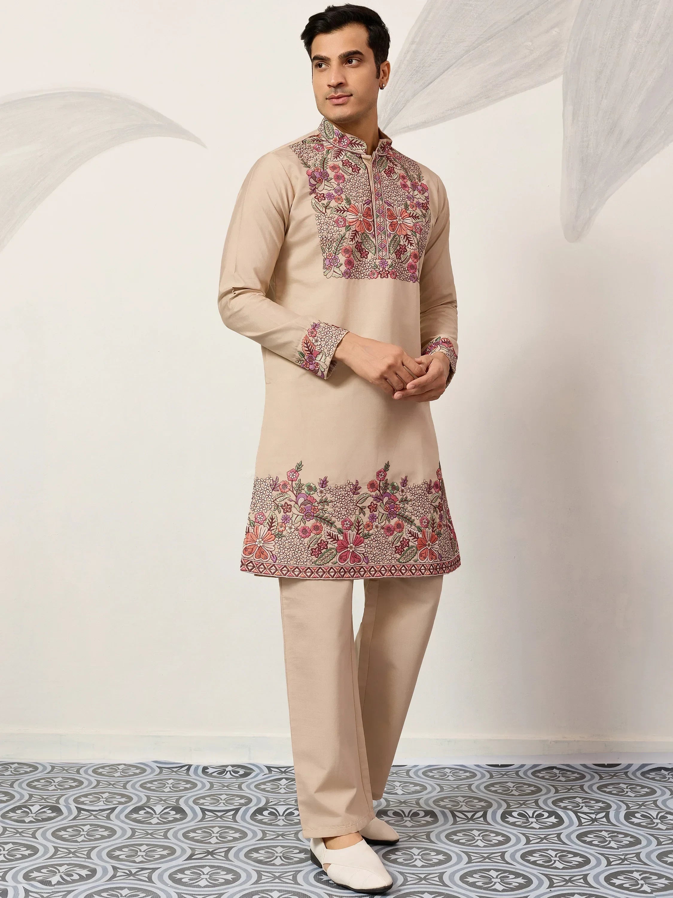 Captivating Beige Embroidered Silk Festival Wear Men’s Kurta Set