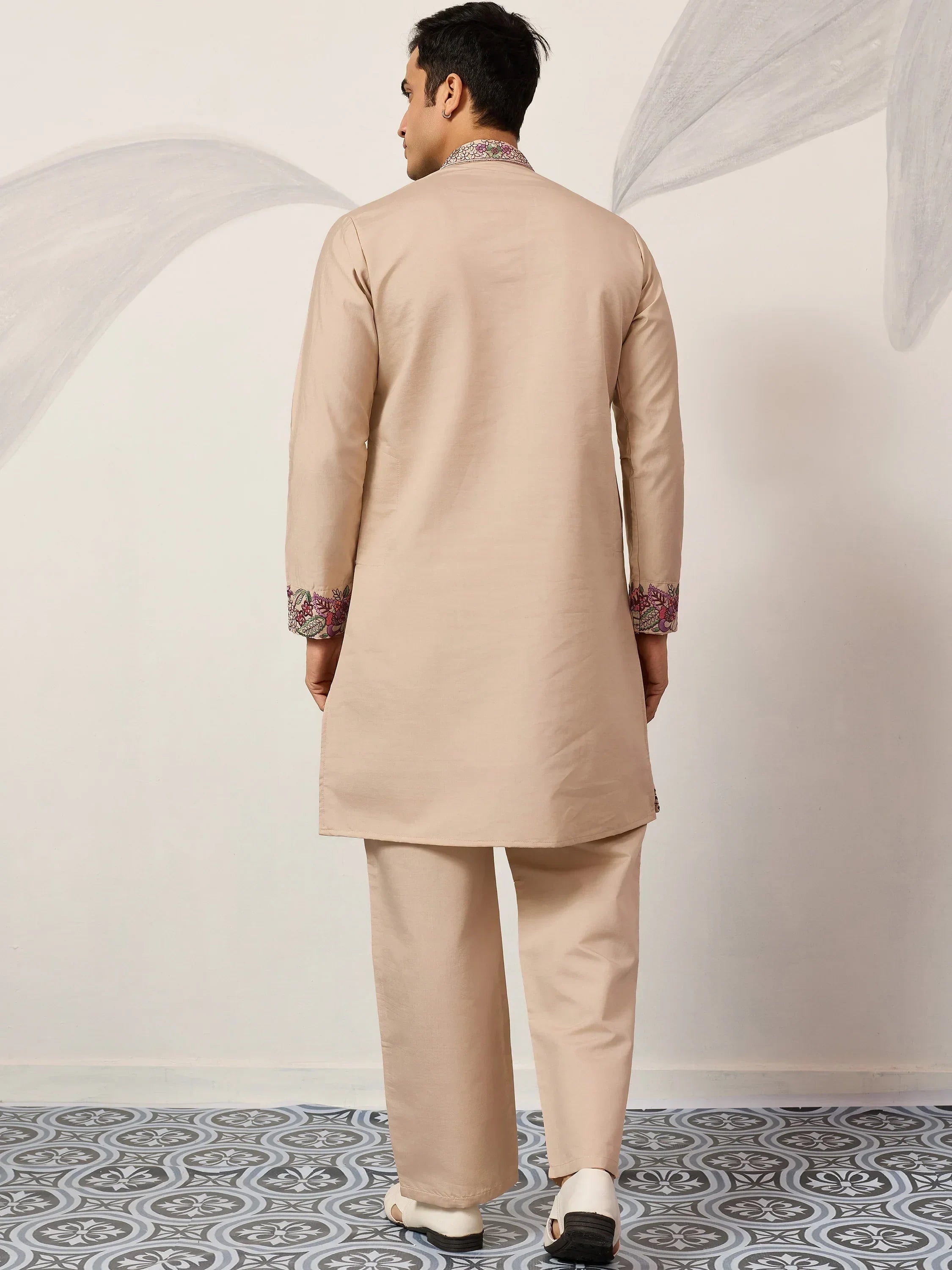 Captivating Beige Embroidered Silk Festival Wear Men’s Kurta Set