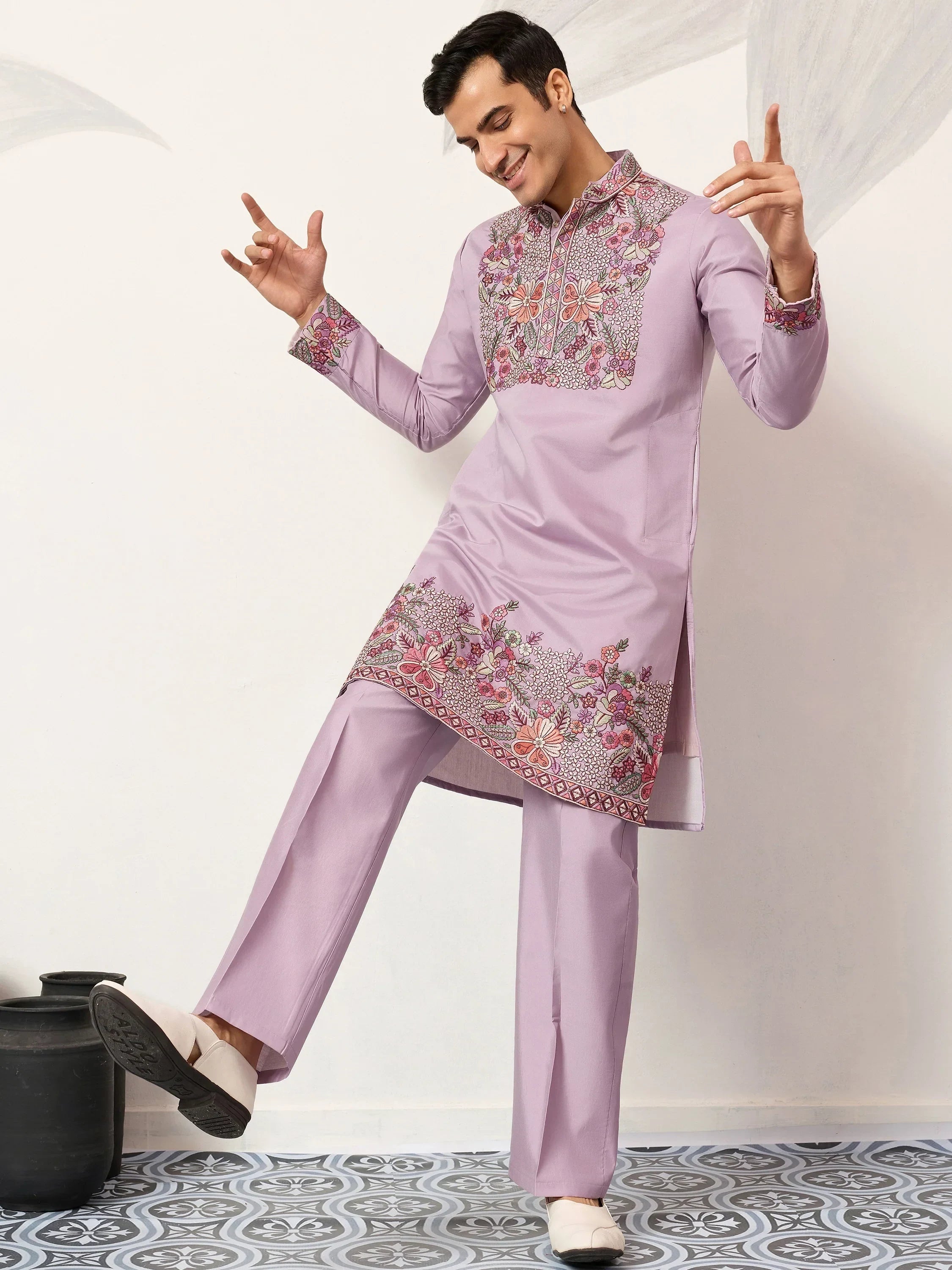 Graceful Lavender Embroidered Silk Function Wear Men’s Kurta Set