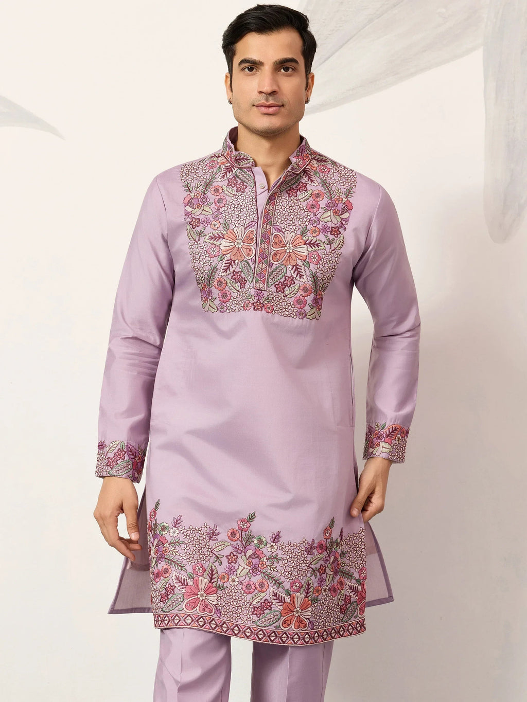 Graceful Lavender Embroidered Silk Function Wear Men’s Kurta Set