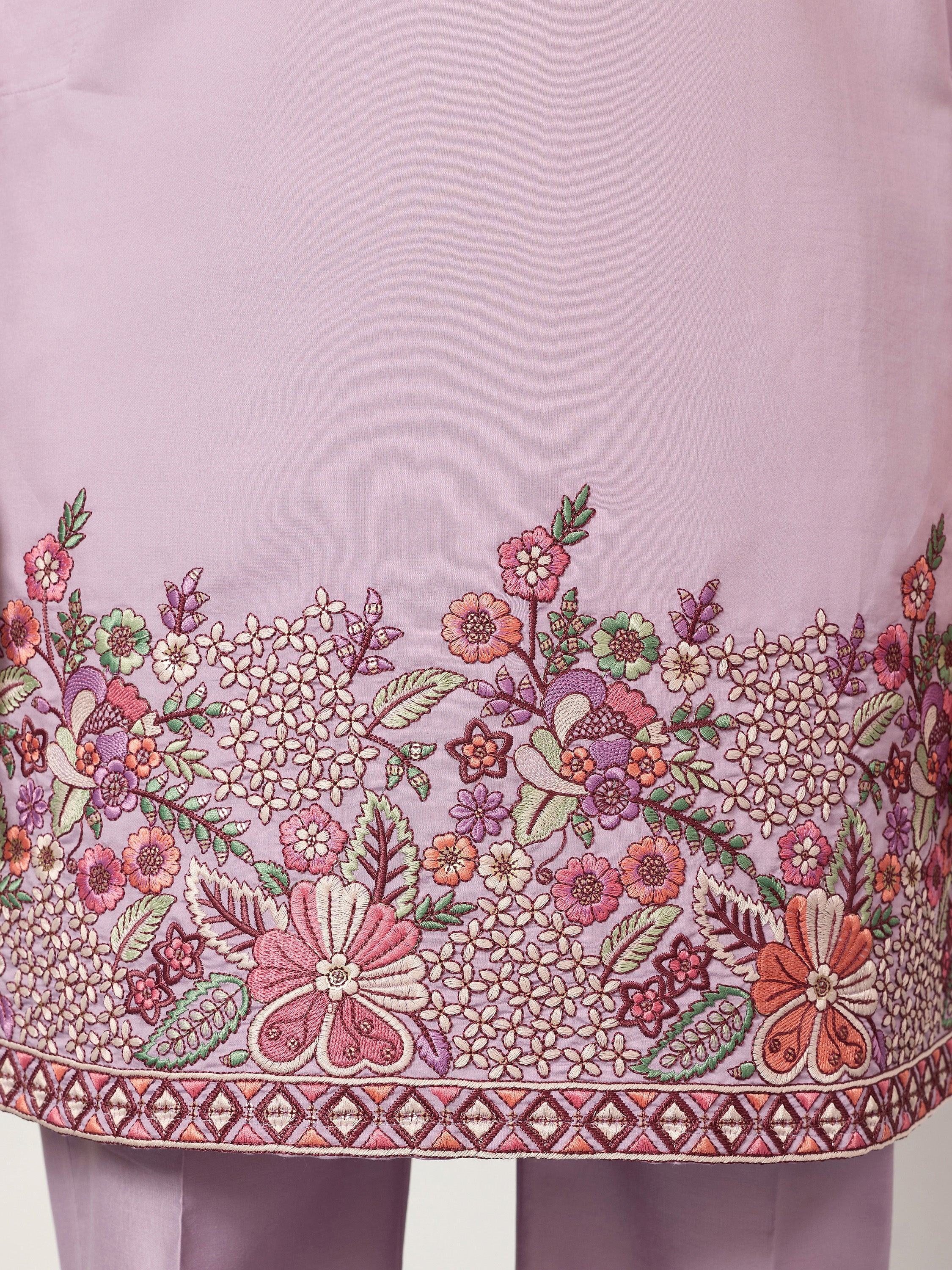 Graceful Lavender Embroidered Silk Function Wear Men’s Kurta Set