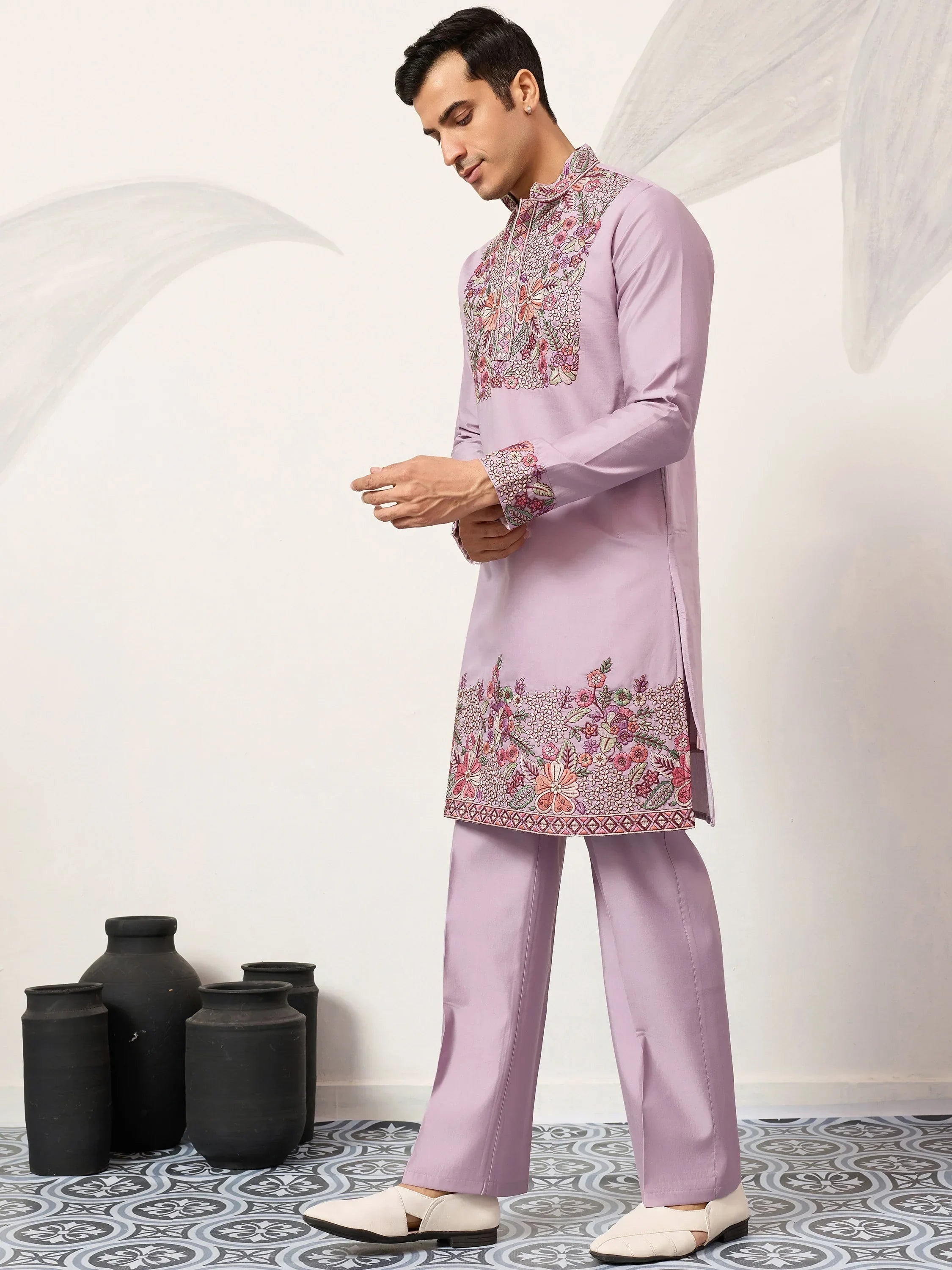 Graceful Lavender Embroidered Silk Function Wear Men’s Kurta Set