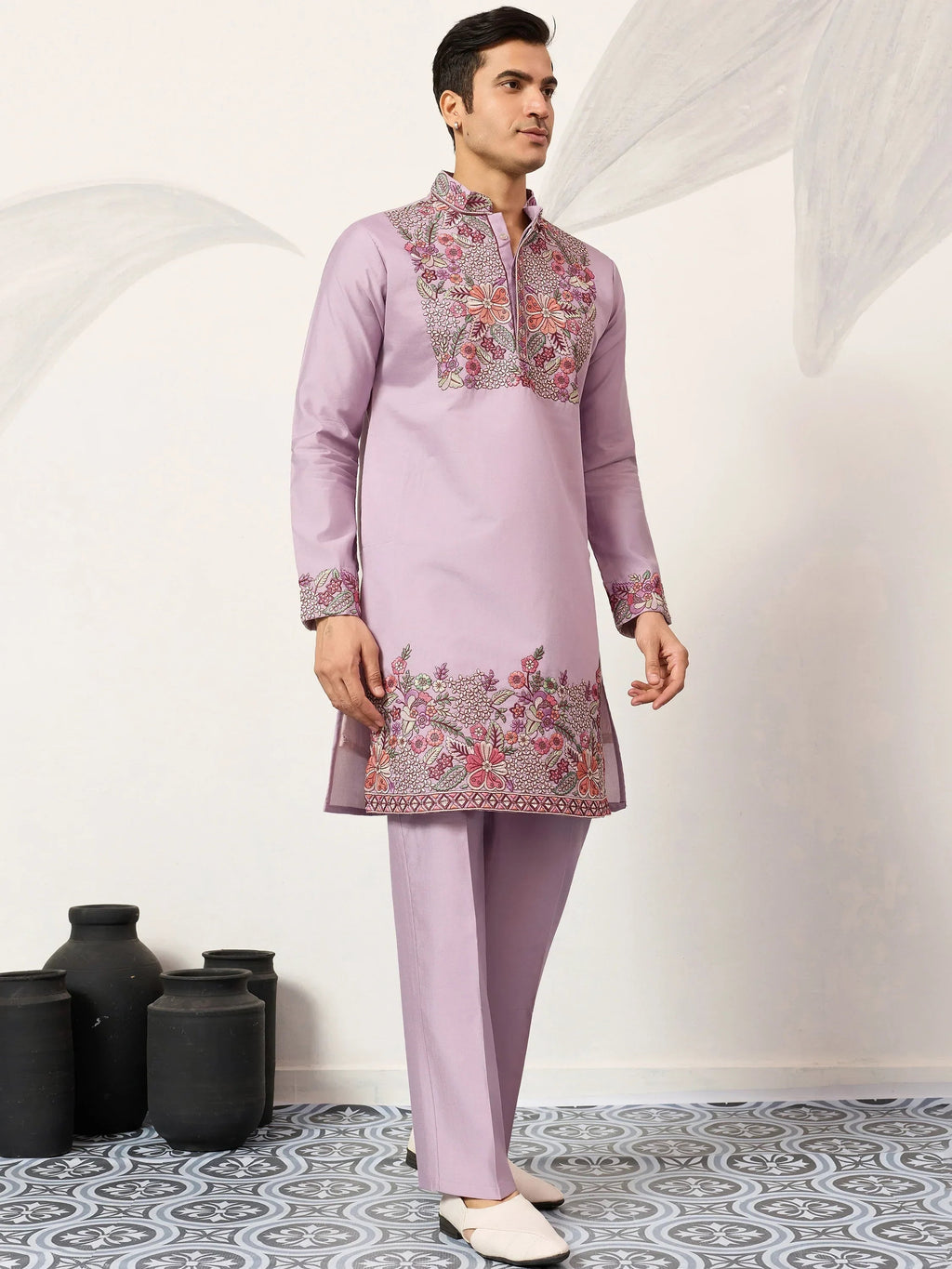 Graceful Lavender Embroidered Silk Function Wear Men’s Kurta Set