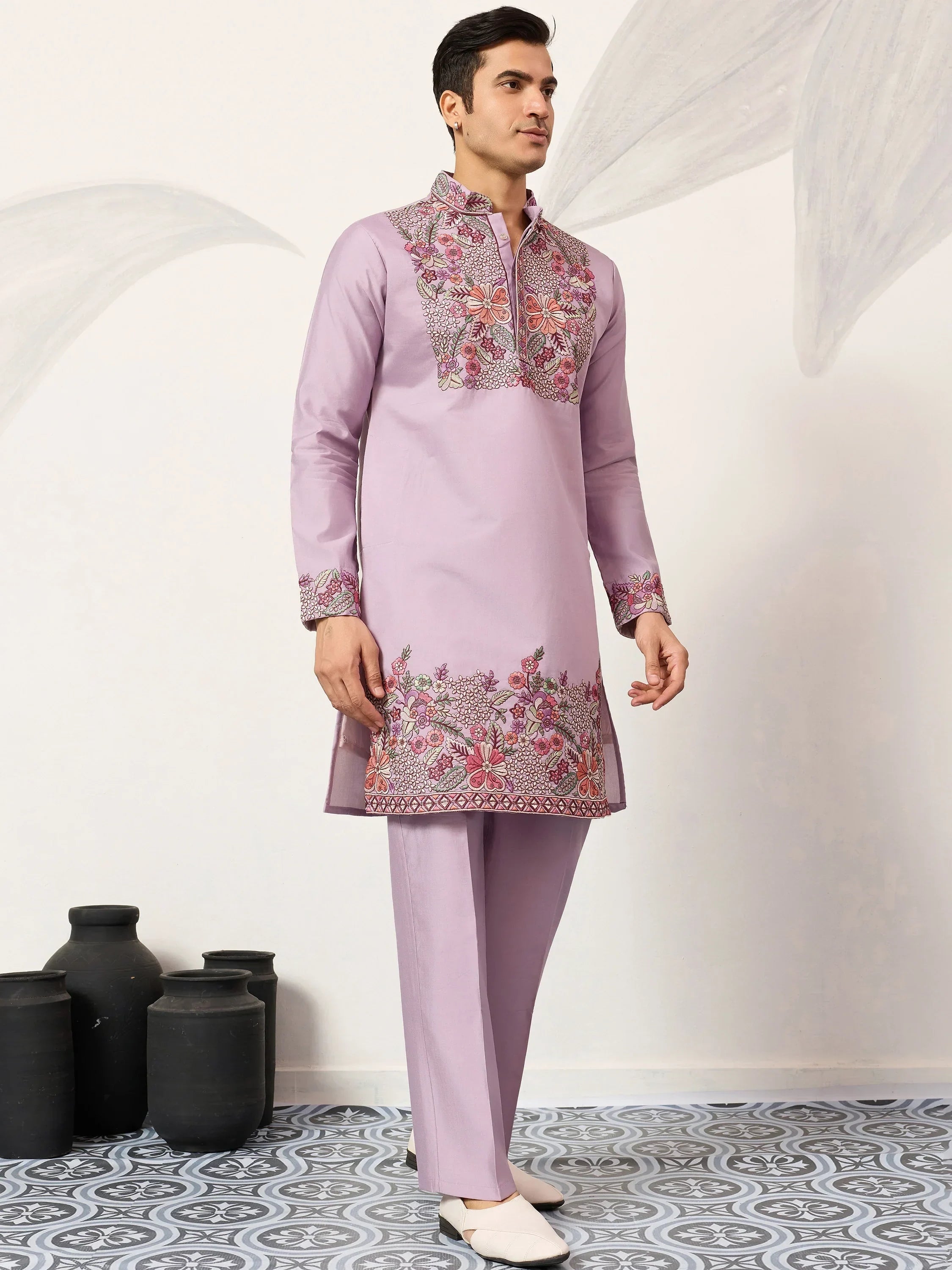 Graceful Lavender Embroidered Silk Function Wear Men’s Kurta Set