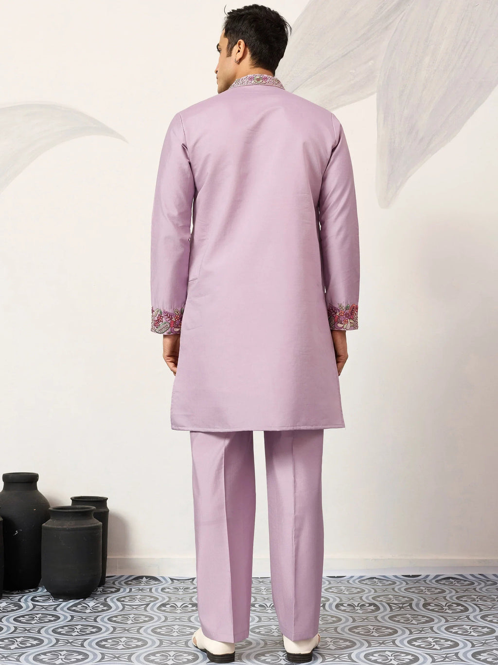 Graceful Lavender Embroidered Silk Function Wear Men’s Kurta Set