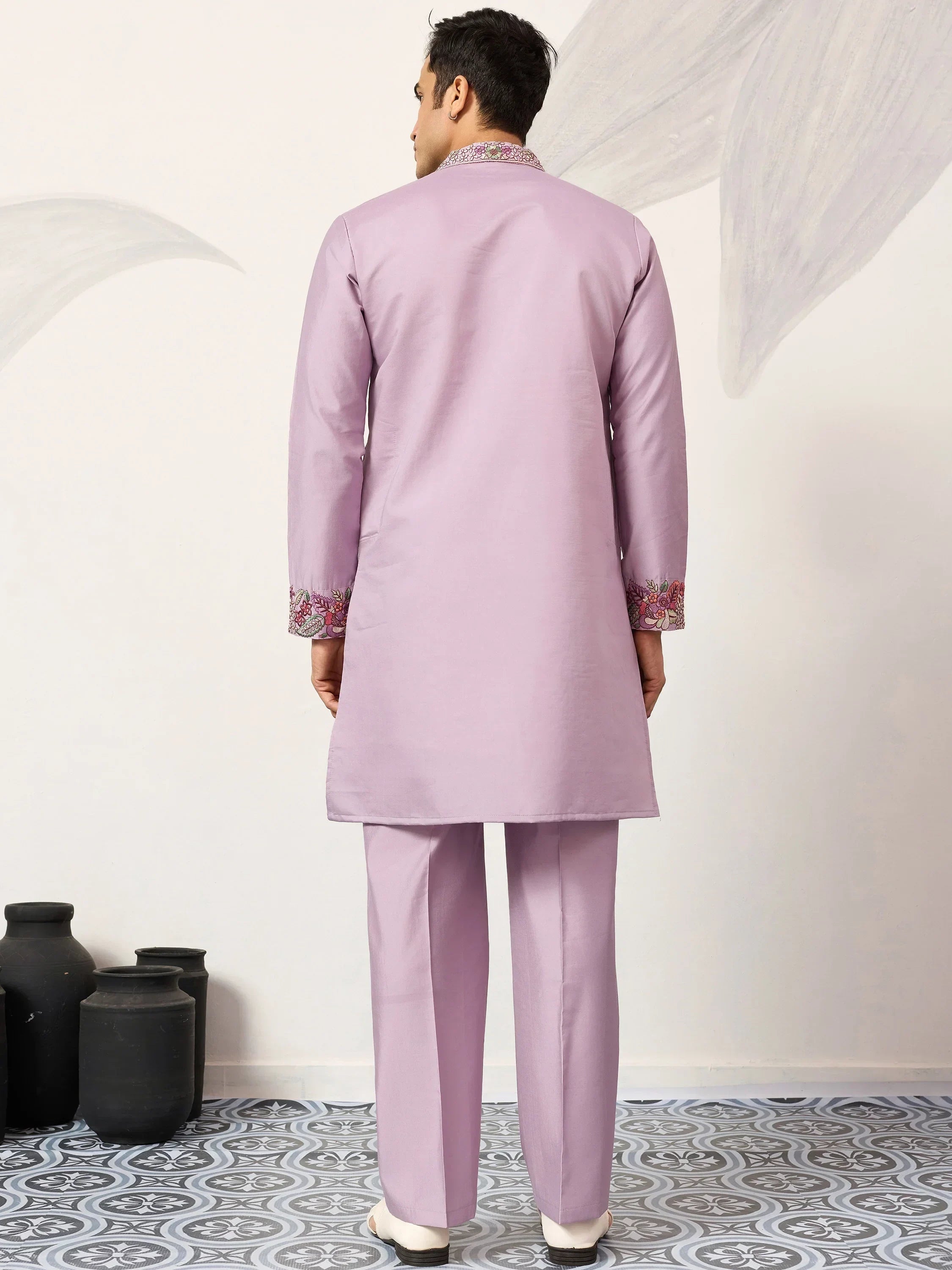 Graceful Lavender Embroidered Silk Function Wear Men’s Kurta Set