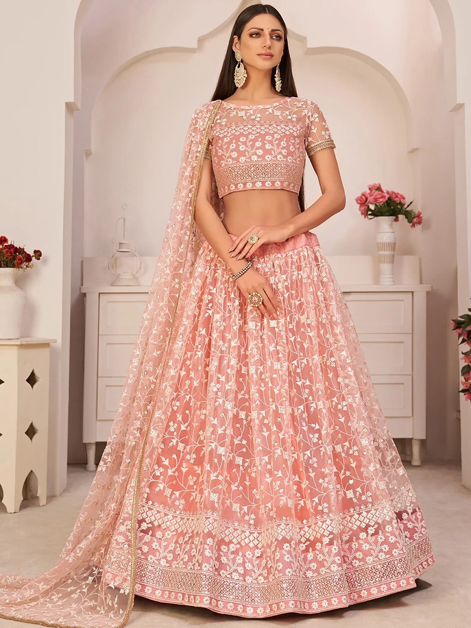 Pink Ravishing Light Thread Net Festive Wear Lehenga Choli
