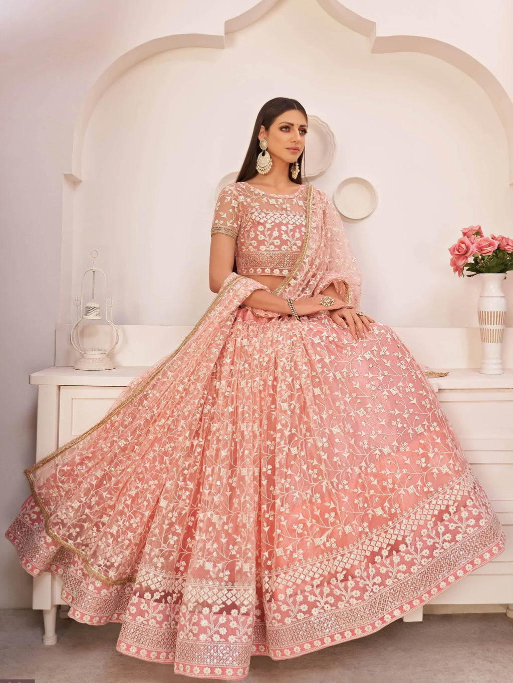 Light Pink Ravishing Light Thread Net Festive Wear Lehenga Choli