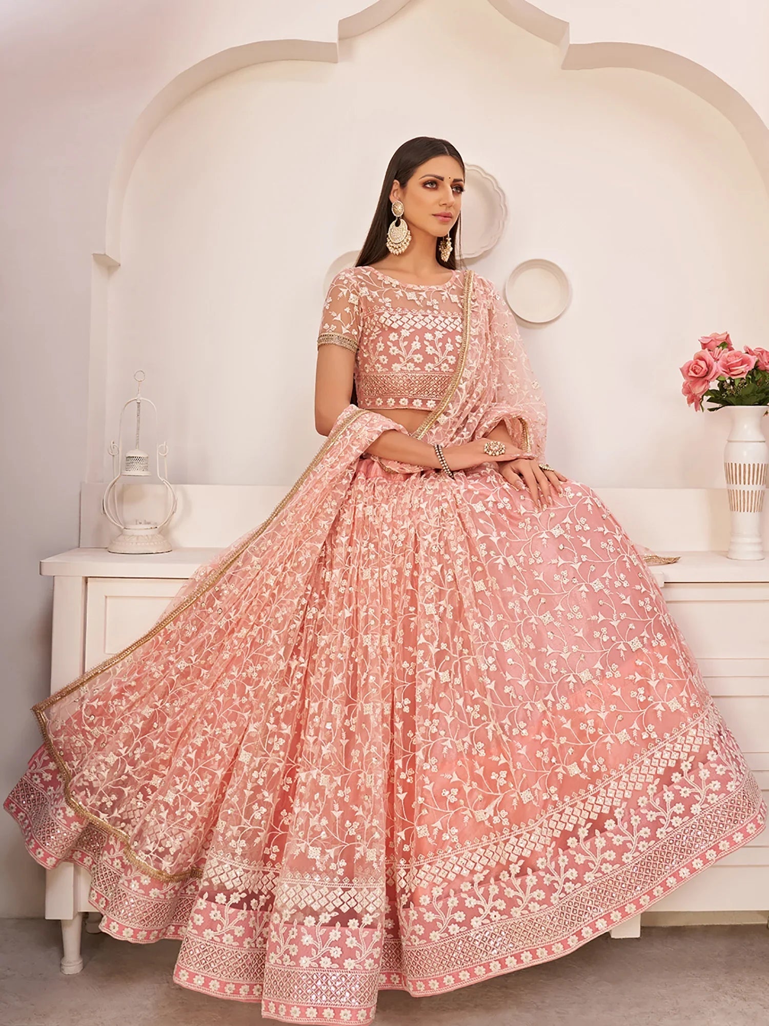 Pink Ravishing Light Thread Net Festive Wear Lehenga Choli