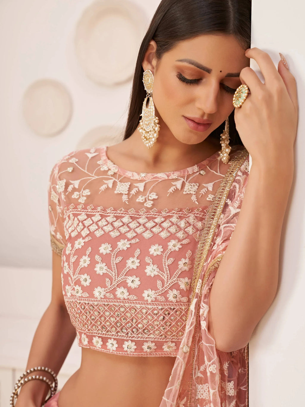 Light Pink Ravishing Light Thread Net Festive Wear Lehenga Choli
