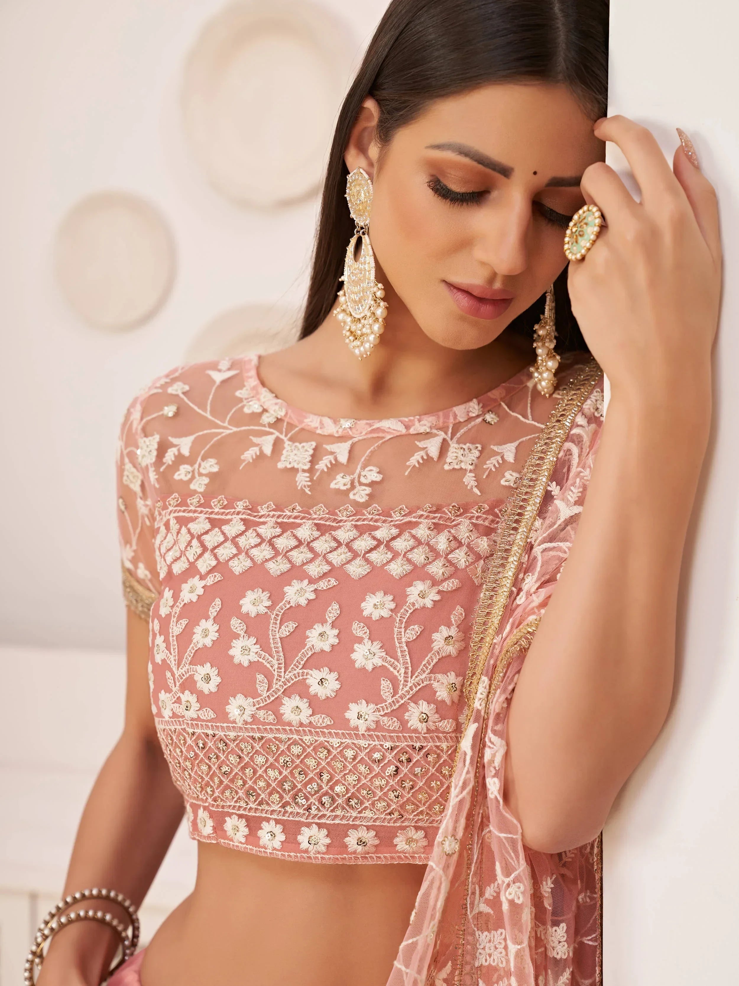 Light Pink Ravishing Light Thread Net Festive Wear Lehenga Choli