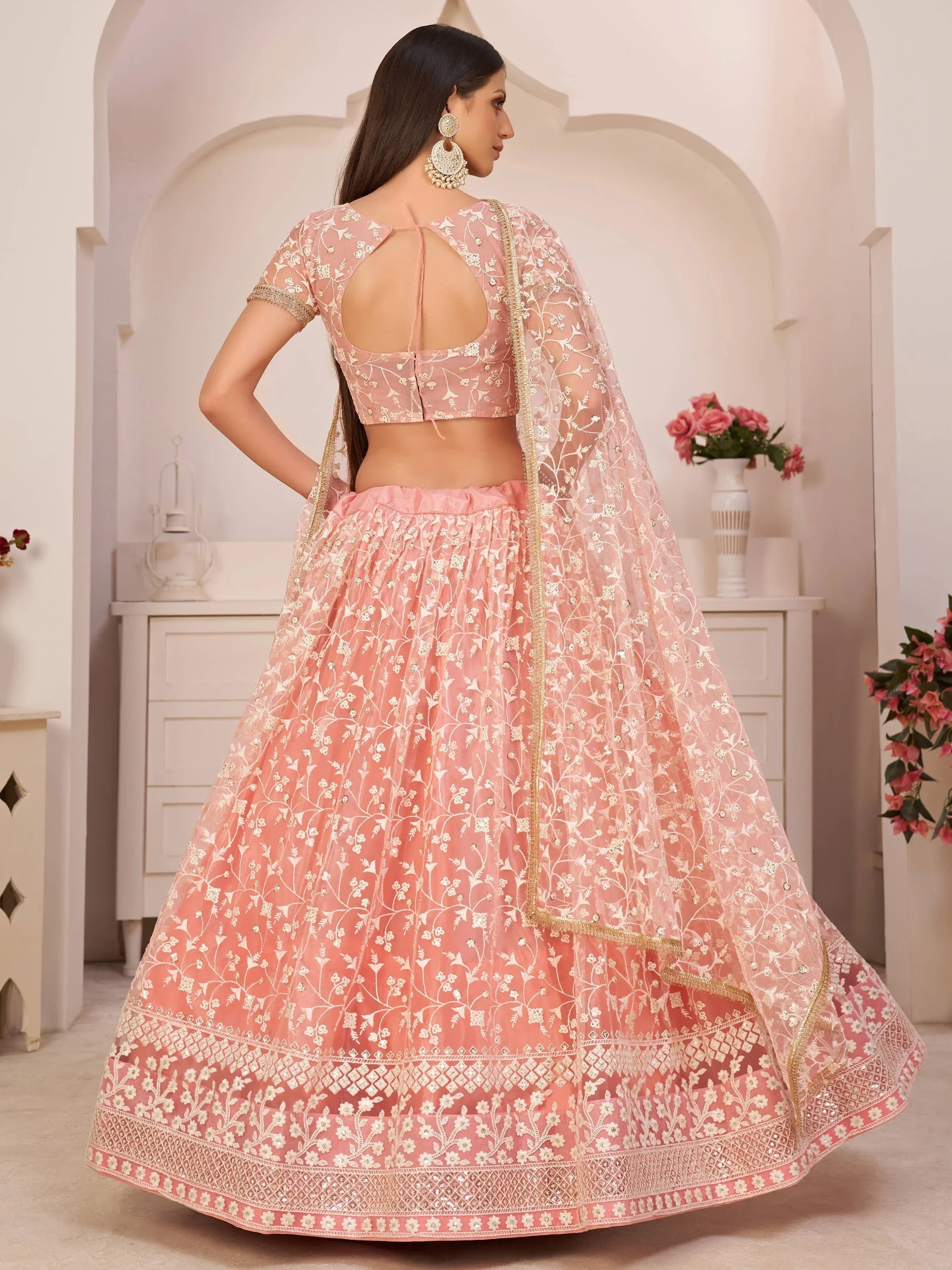 Light Pink Ravishing Light Thread Net Festive Wear Lehenga Choli