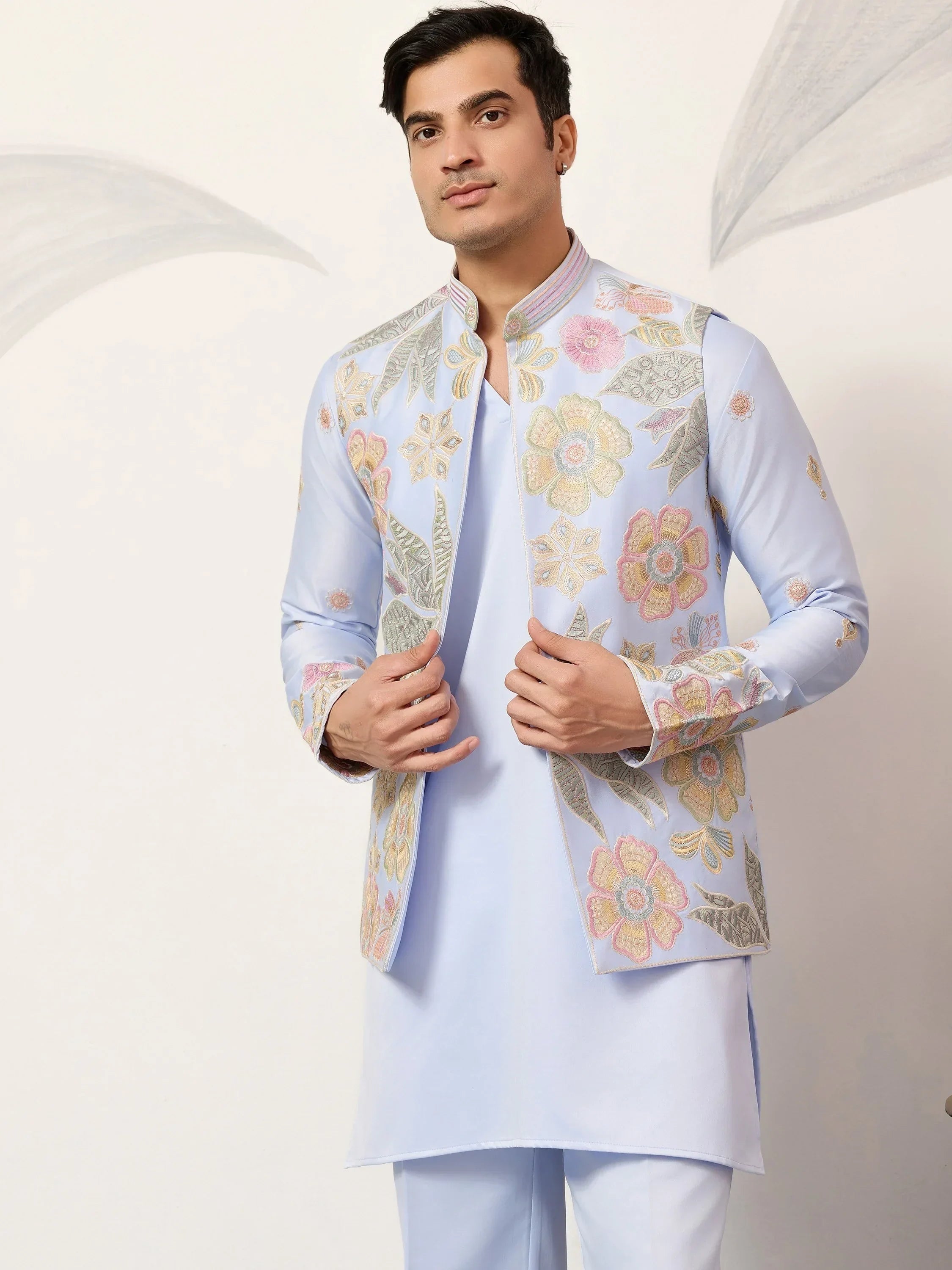 Dazzling Blue Silk Wedding Wear Men’s Kurta With Embroidered Koti