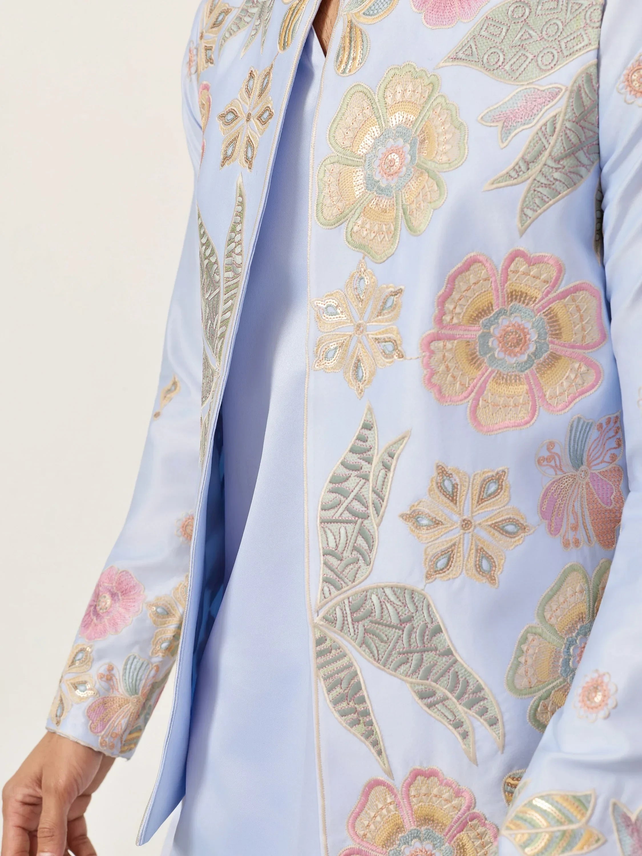 Dazzling Blue Silk Wedding Wear Men’s Kurta With Embroidered Koti