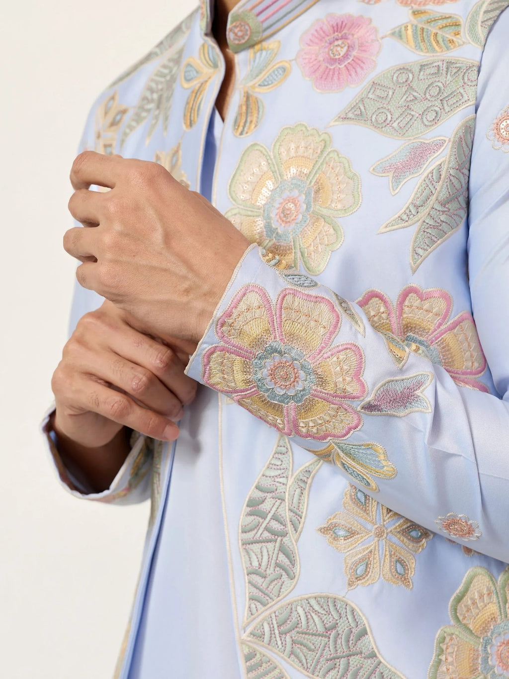 Dazzling Blue Silk Wedding Wear Men’s Kurta With Embroidered Koti
