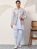 Dazzling Blue Silk Wedding Wear Men’s Kurta With Embroidered Koti