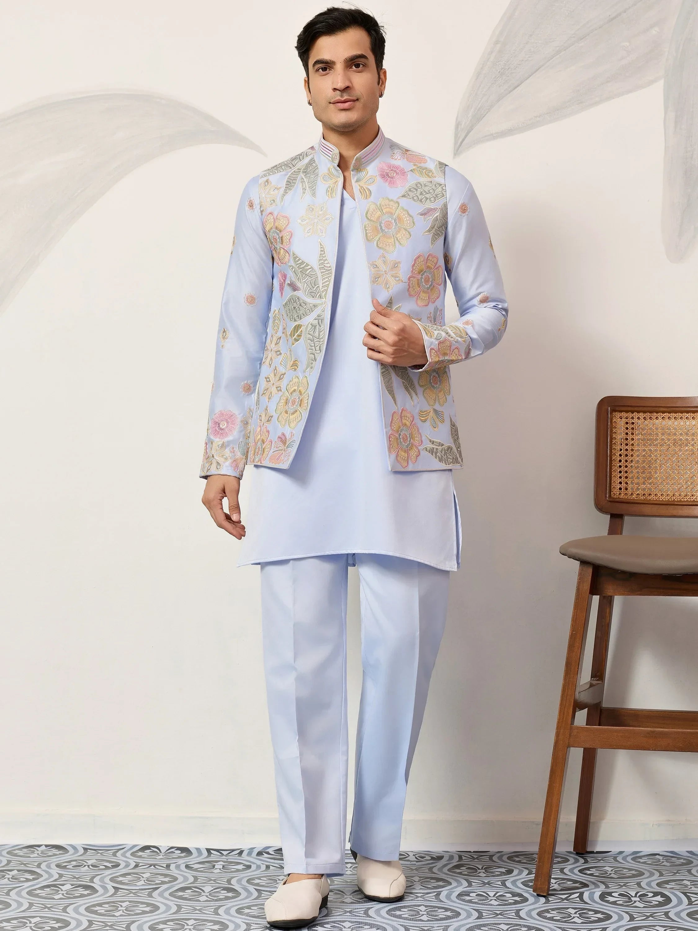 Dazzling Blue Silk Wedding Wear Men’s Kurta With Embroidered Koti